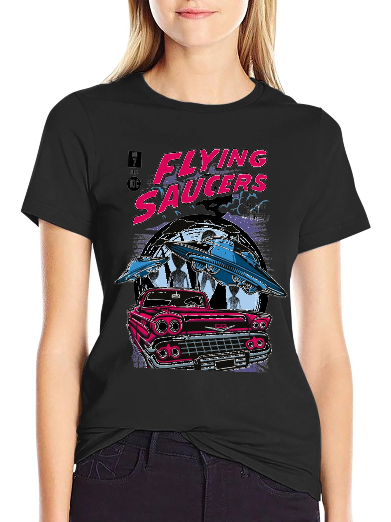 Flying Saucers Retro Graphic Tee - Sci-Fi Car T-Shirt