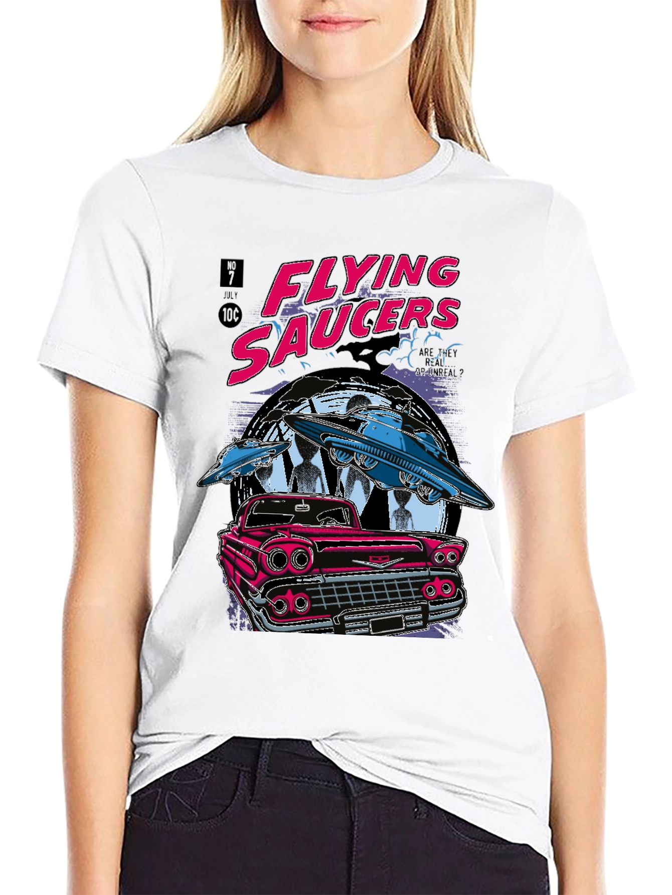 Flying Saucers Retro Graphic Tee - Sci-Fi Car T-Shirt