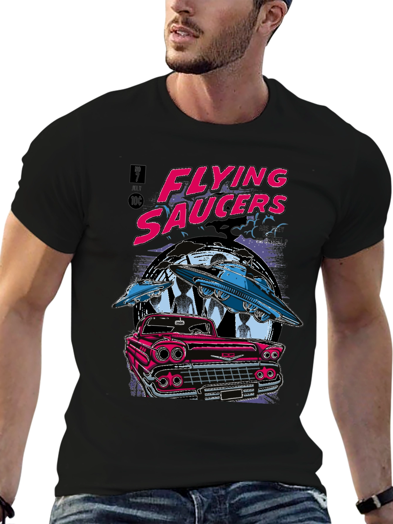 Flying Saucers Retro Graphic Tee - Sci-Fi Car T-Shirt