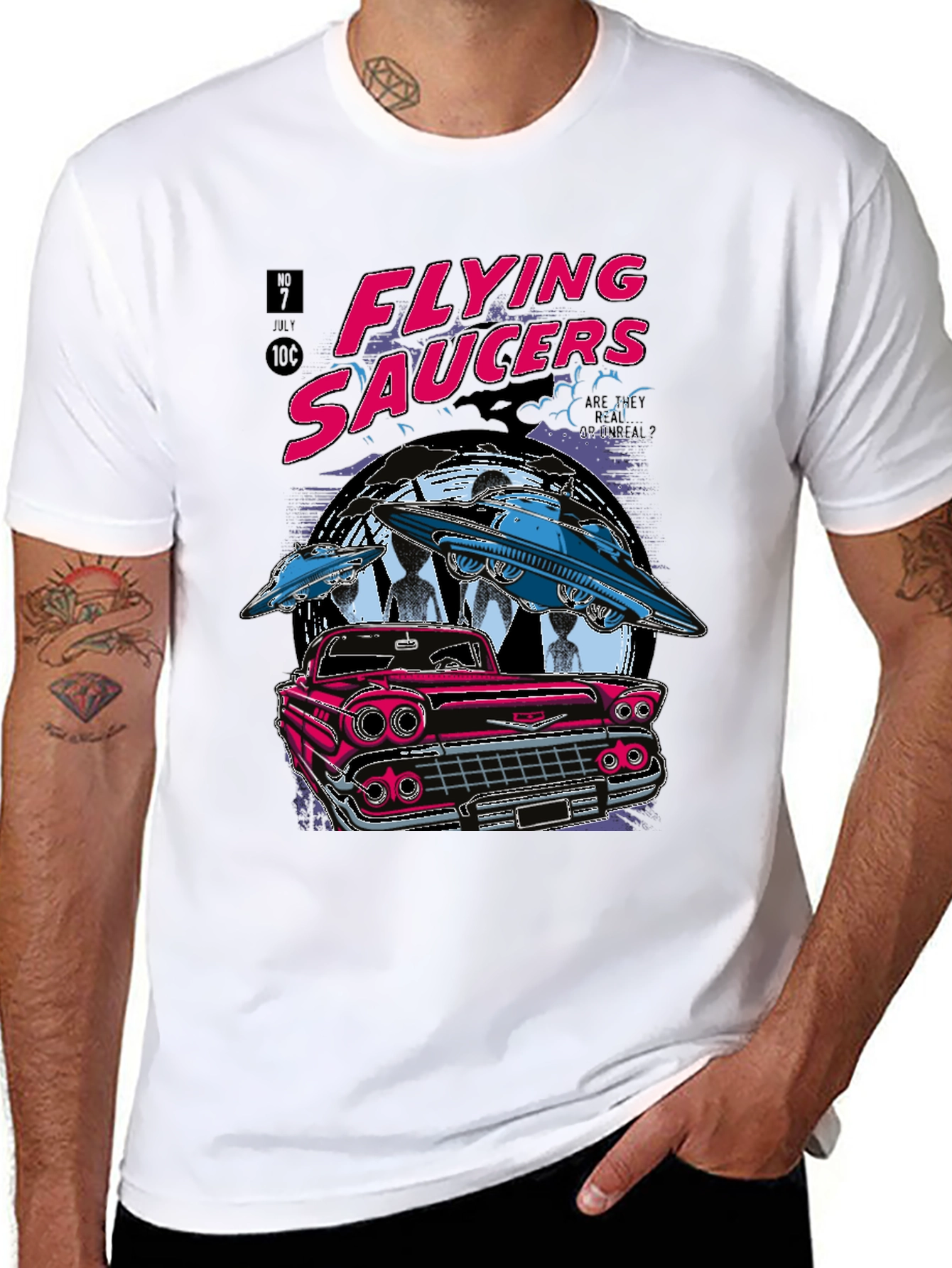 Flying Saucers Retro Graphic Tee - Sci-Fi Car T-Shirt