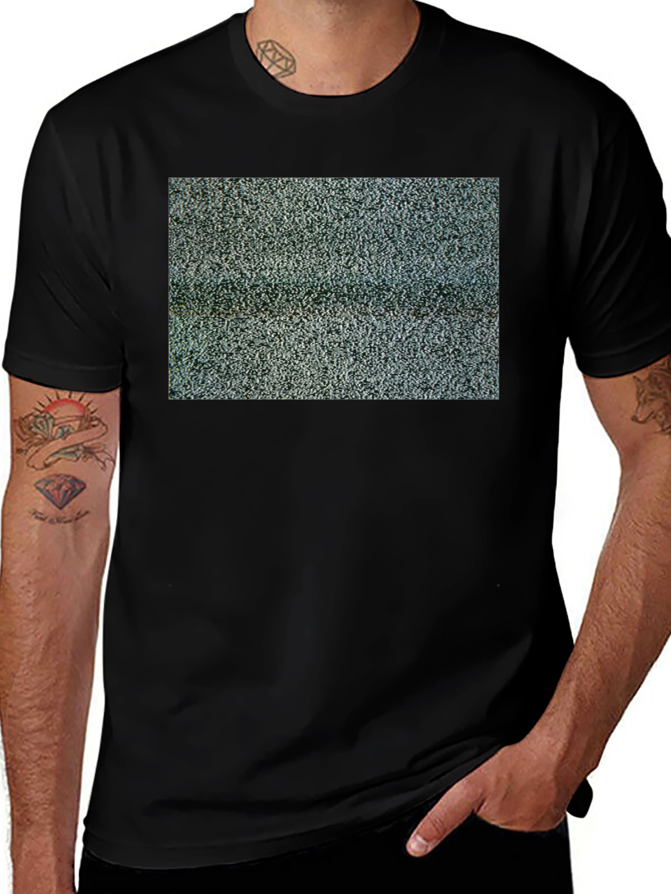 Static Pattern T-Shirt - Black Crew Neck Tee
