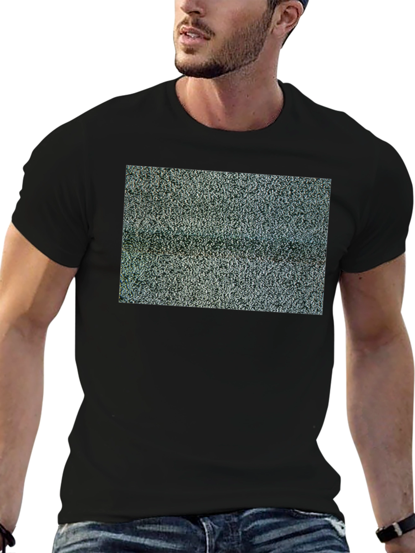 Static Pattern T-Shirt - Black Crew Neck Tee