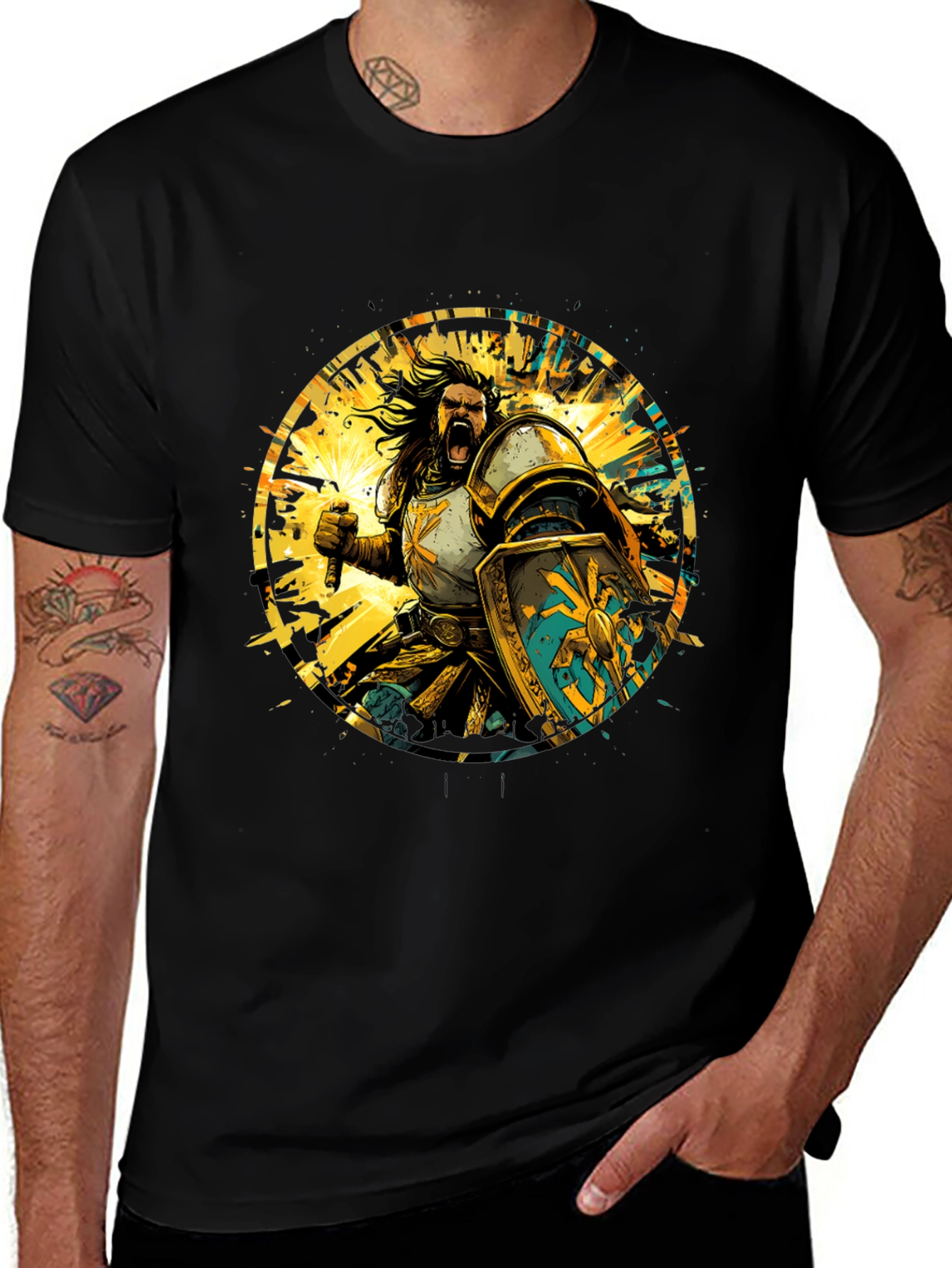 Warrior Knight Graphic Tee - Black Cotton T-Shirt