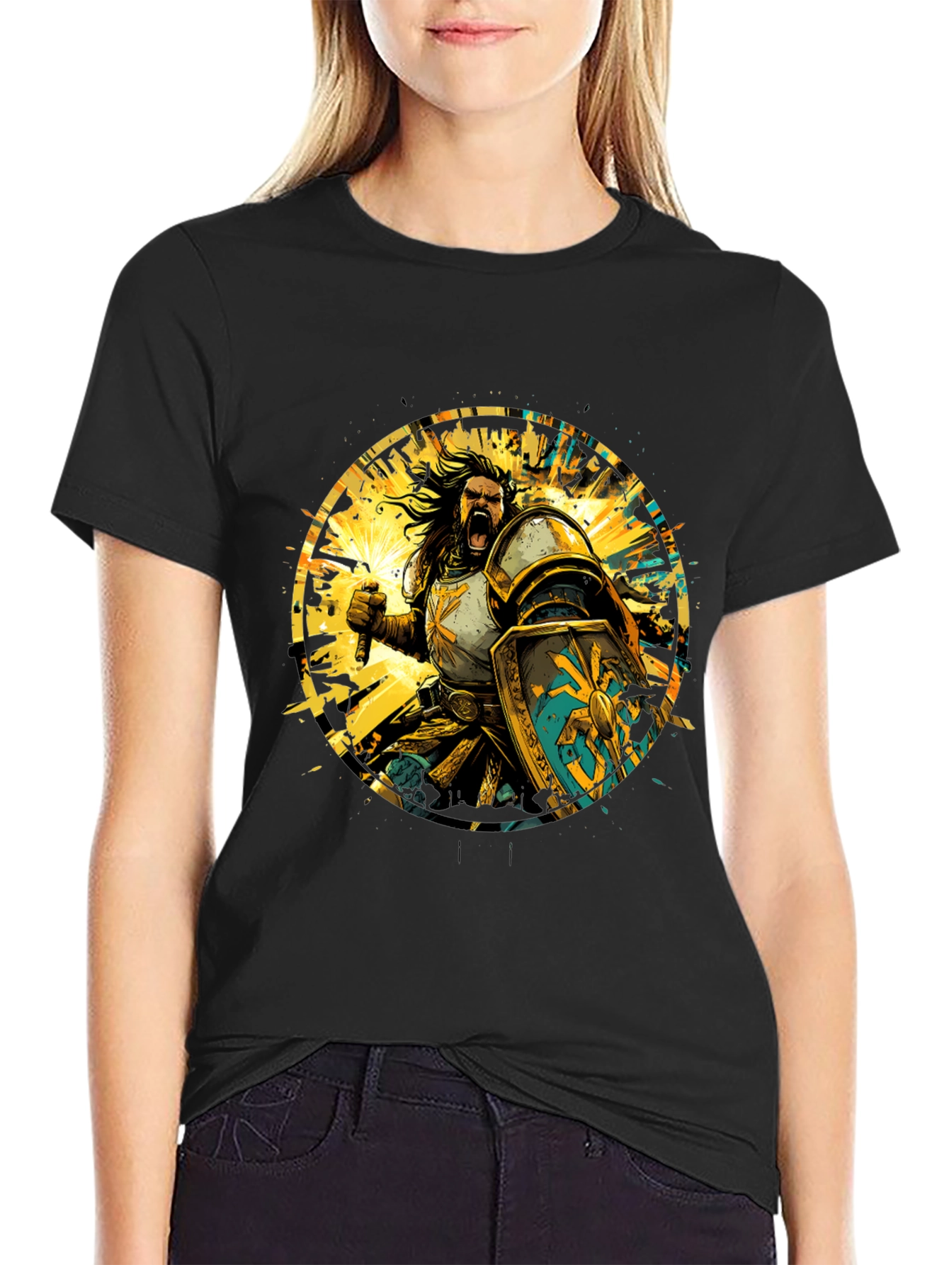 Warrior Knight Graphic Tee - Black Cotton T-Shirt