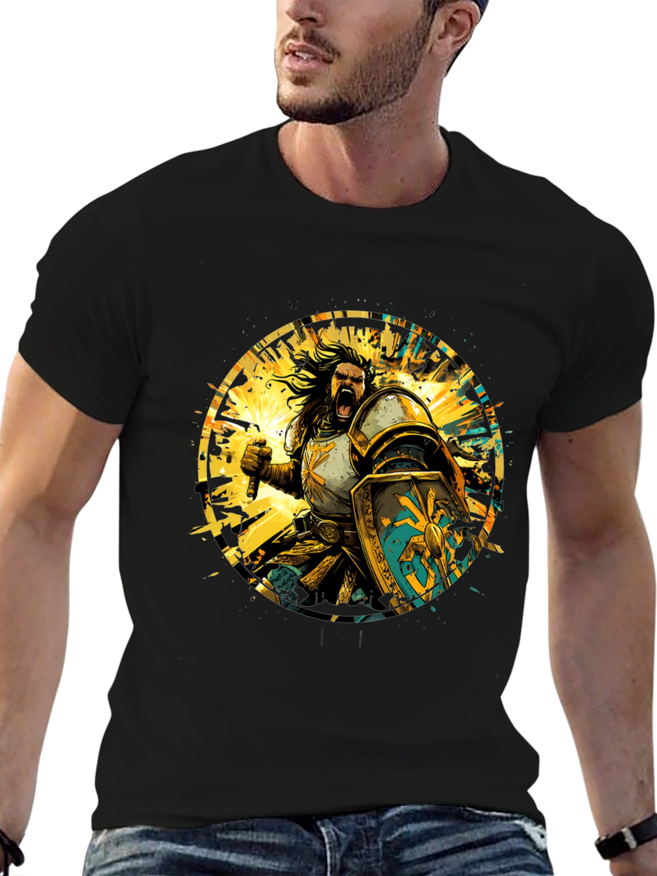 Warrior Knight Graphic Tee - Black Cotton T-Shirt