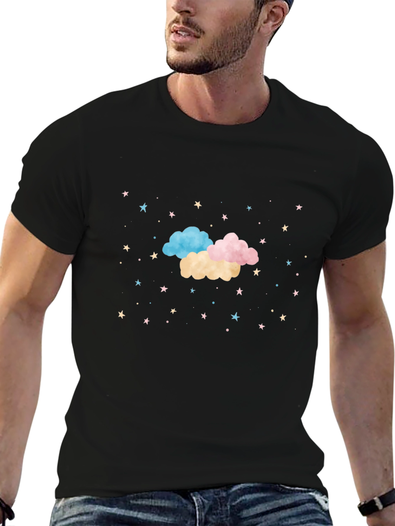 Dreamy Clouds & Stars Black T-Shirt