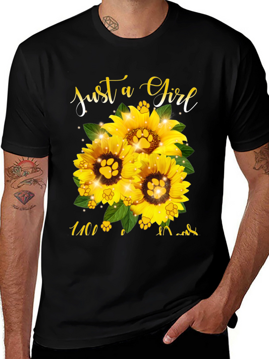 Sunflower Paw Print Graphic Tee - Just a Girl Who Loves Cats