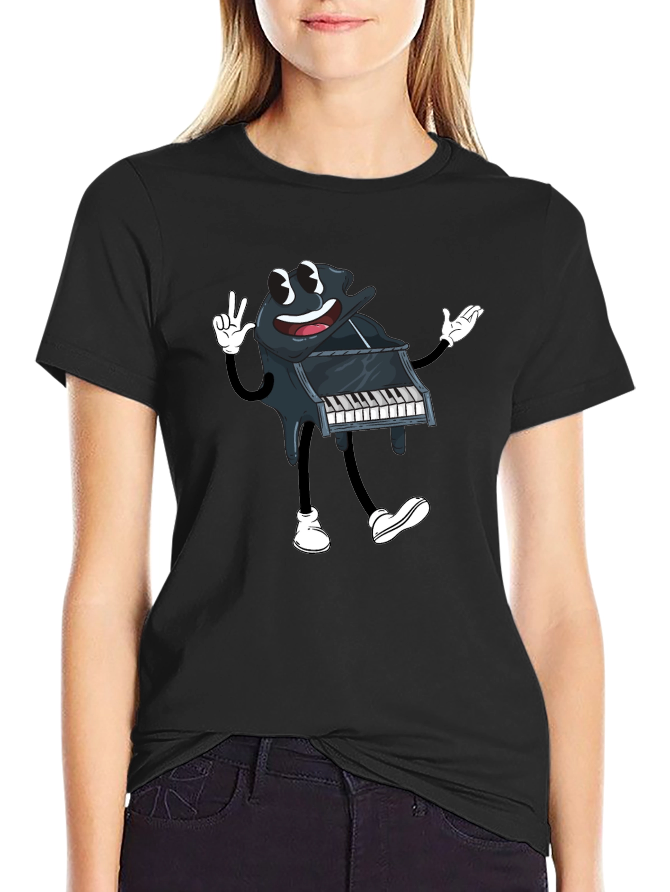 Cartoon Piano Graphic Tee - Black Cotton T-Shirt
