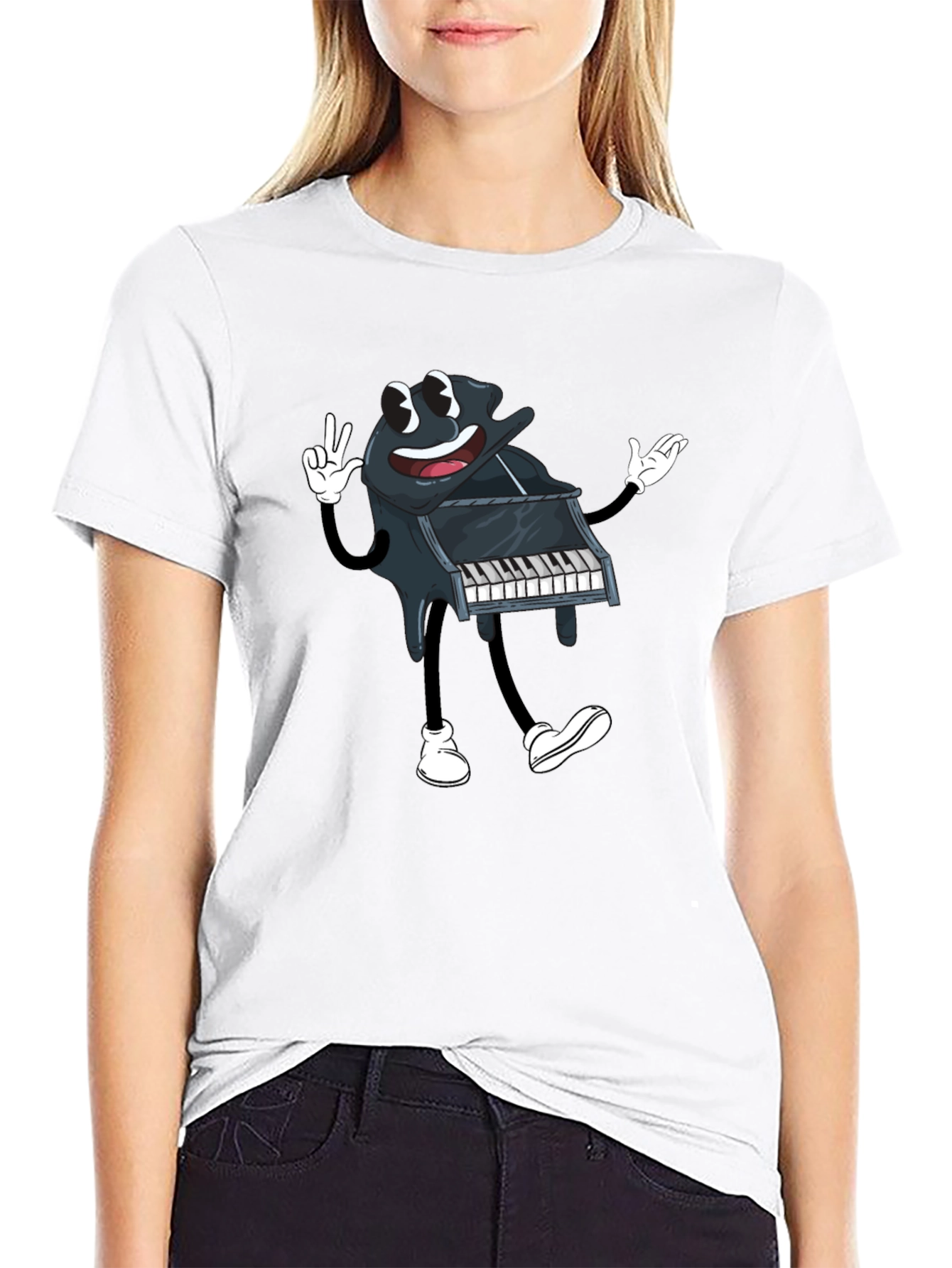 Cartoon Piano Graphic Tee - Black Cotton T-Shirt