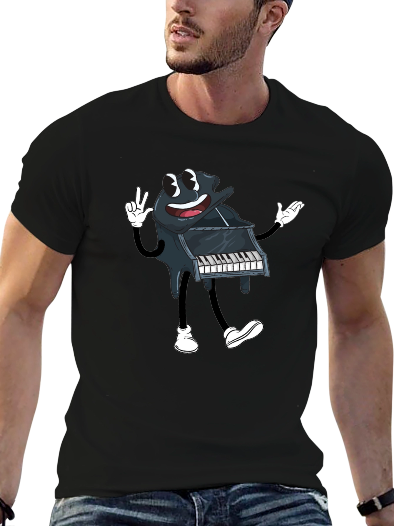 Cartoon Piano Graphic Tee - Black Cotton T-Shirt