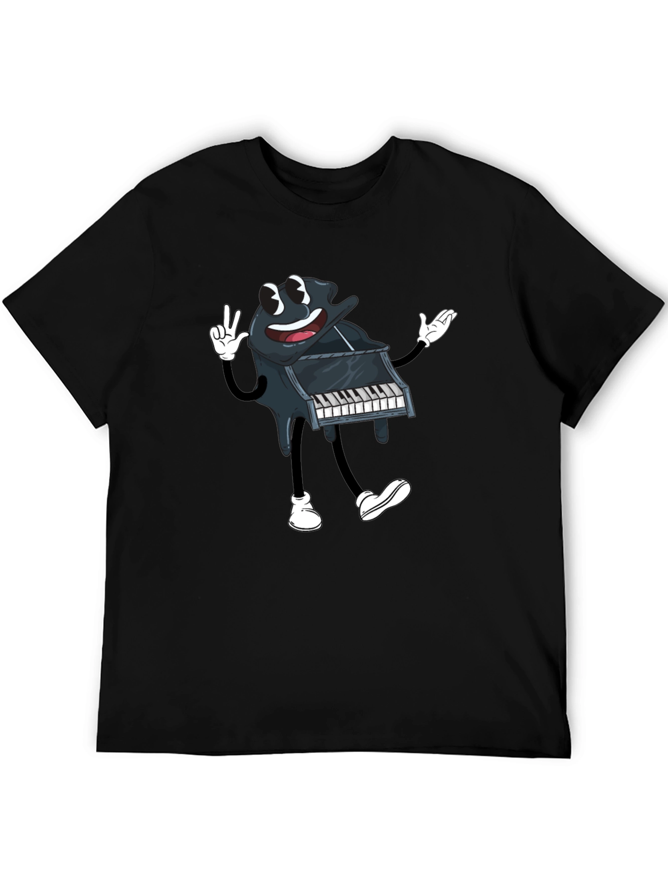 Cartoon Piano Graphic Tee - Black Cotton T-Shirt