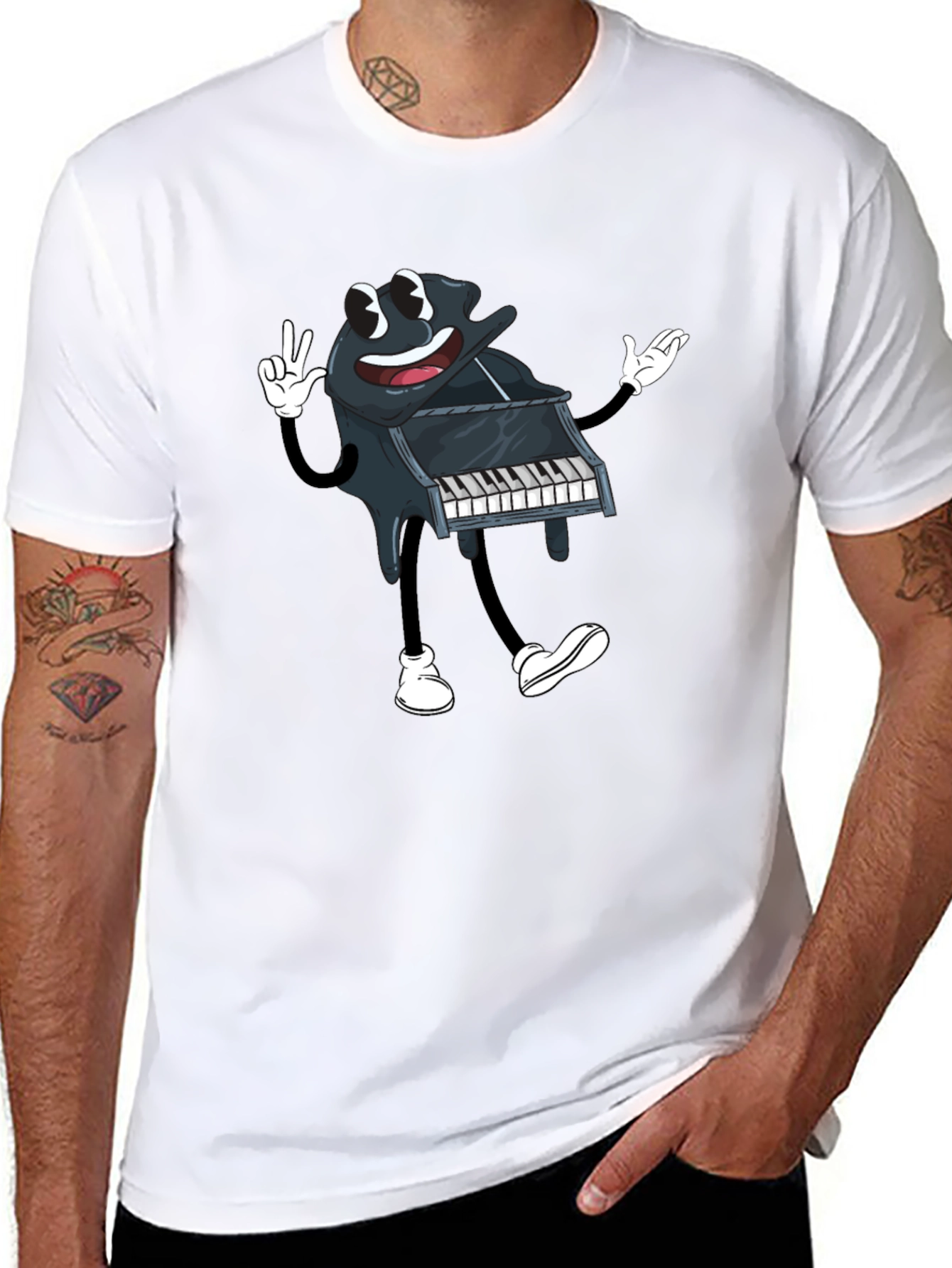 Cartoon Piano Graphic Tee - Black Cotton T-Shirt