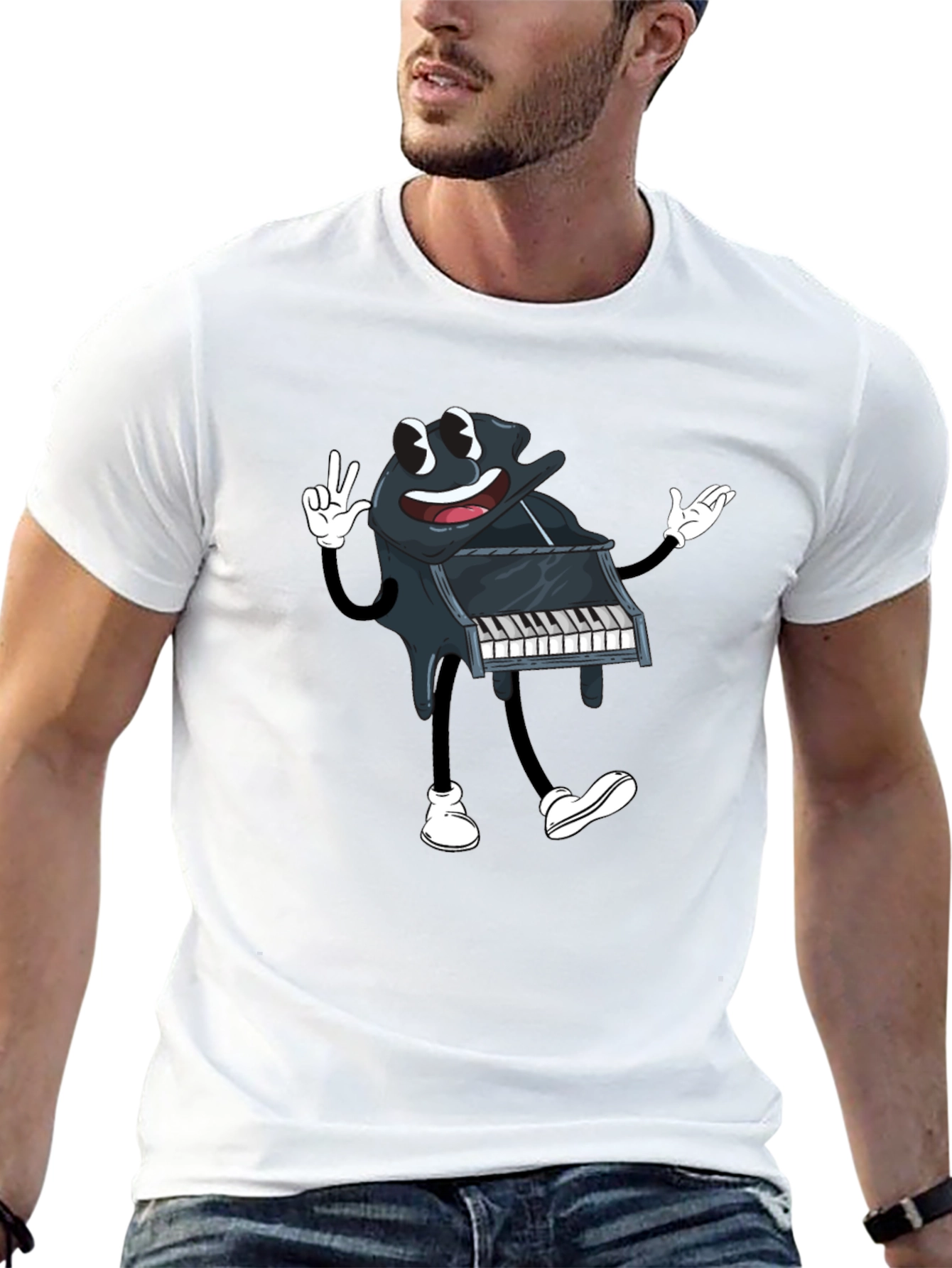Cartoon Piano Graphic Tee - Black Cotton T-Shirt