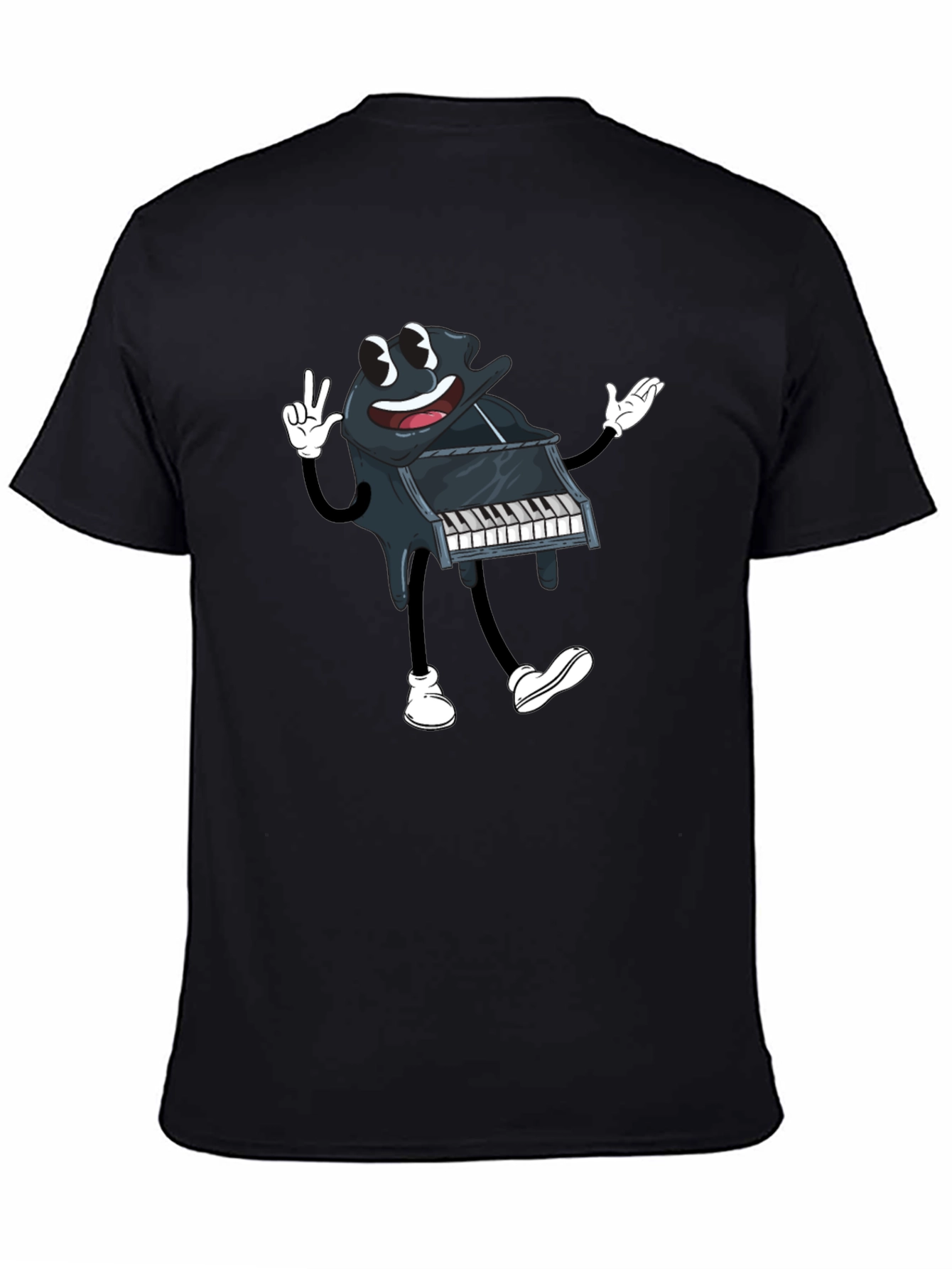 Cartoon Piano Graphic Tee - Black Cotton T-Shirt