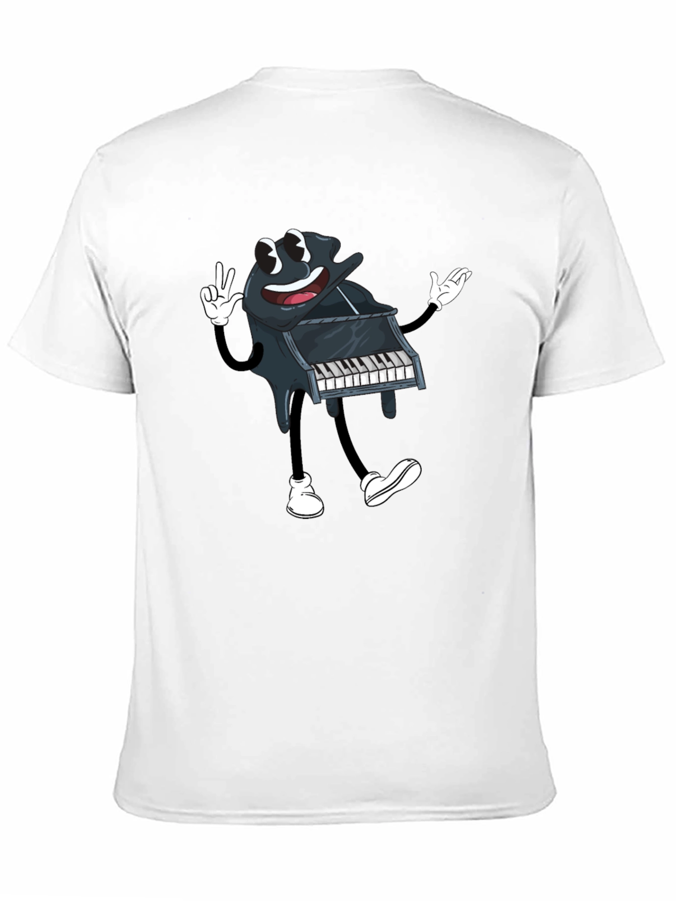 Cartoon Piano Graphic Tee - Black Cotton T-Shirt