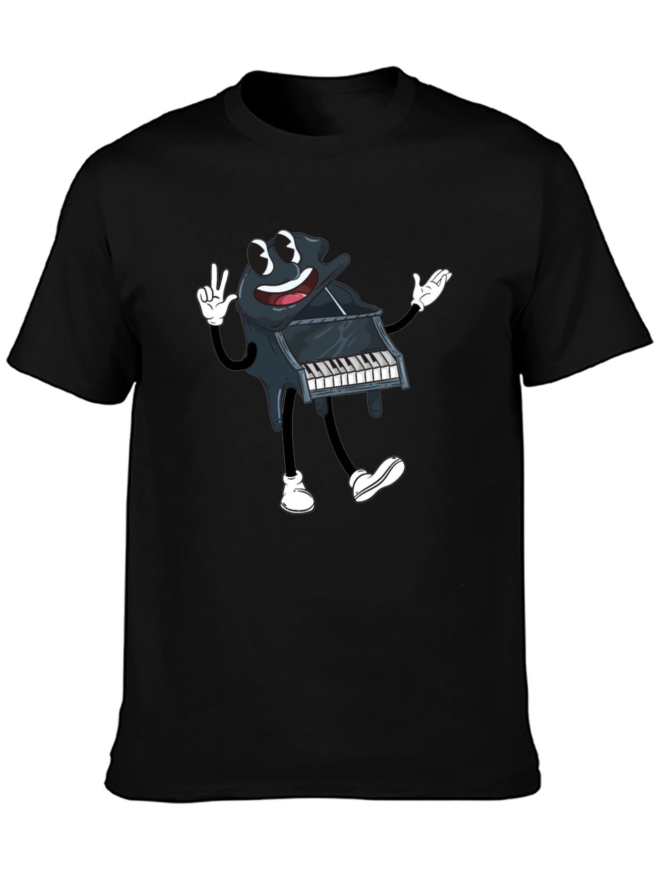 Cartoon Piano Graphic Tee - Black Cotton T-Shirt