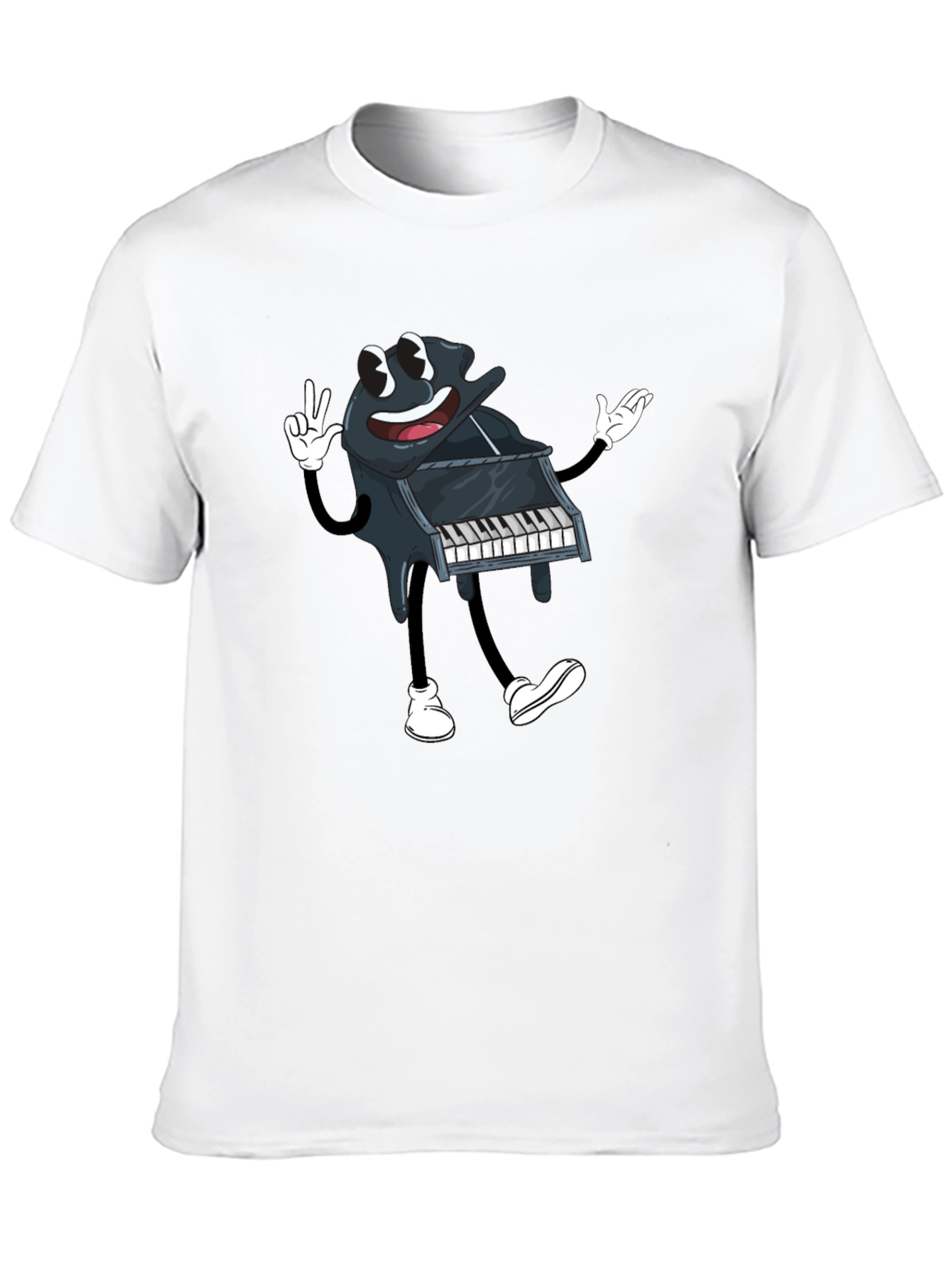 Cartoon Piano Graphic Tee - Black Cotton T-Shirt