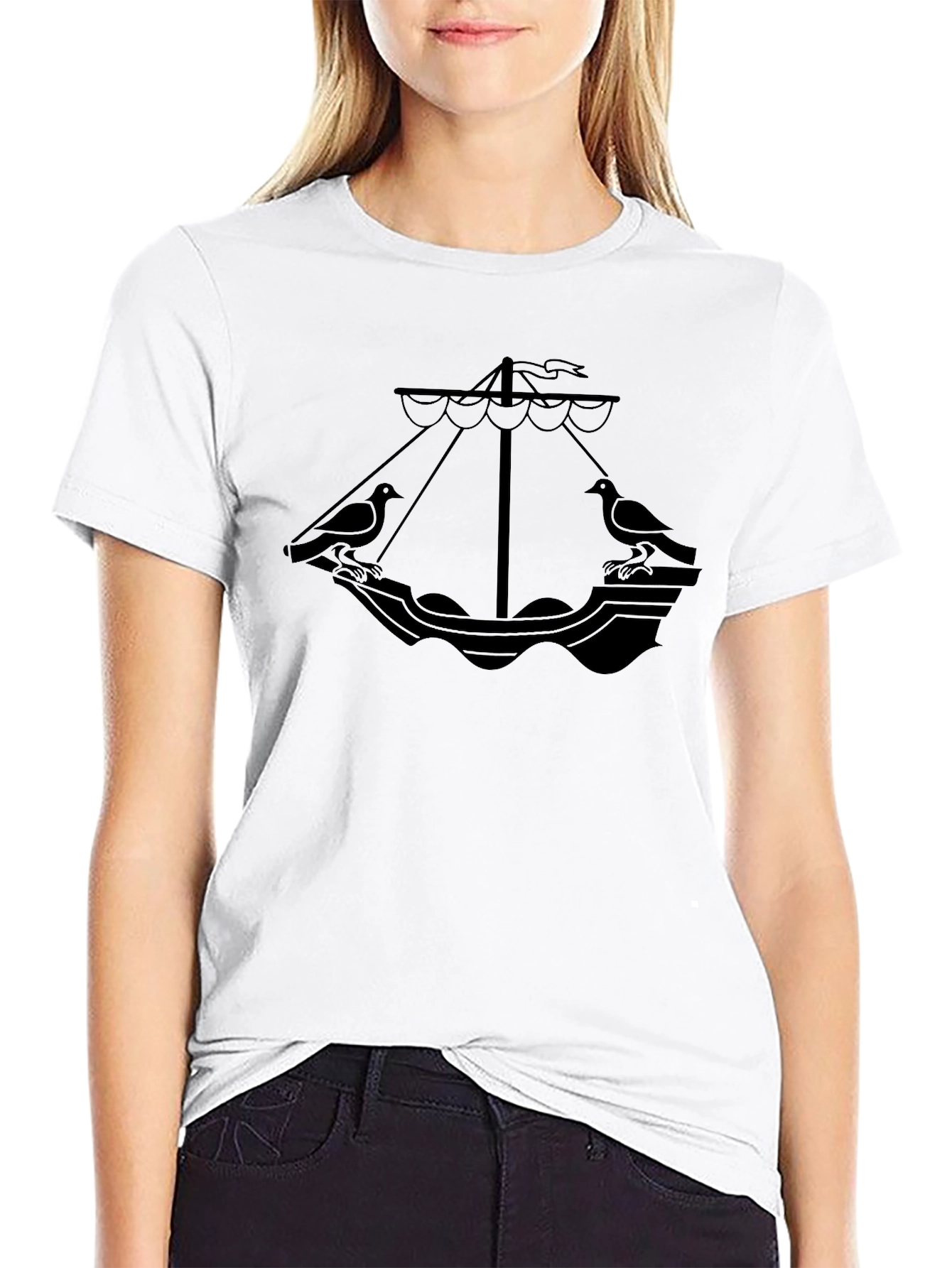 Black T-Shirt with Nautical Dove Boat Graphic