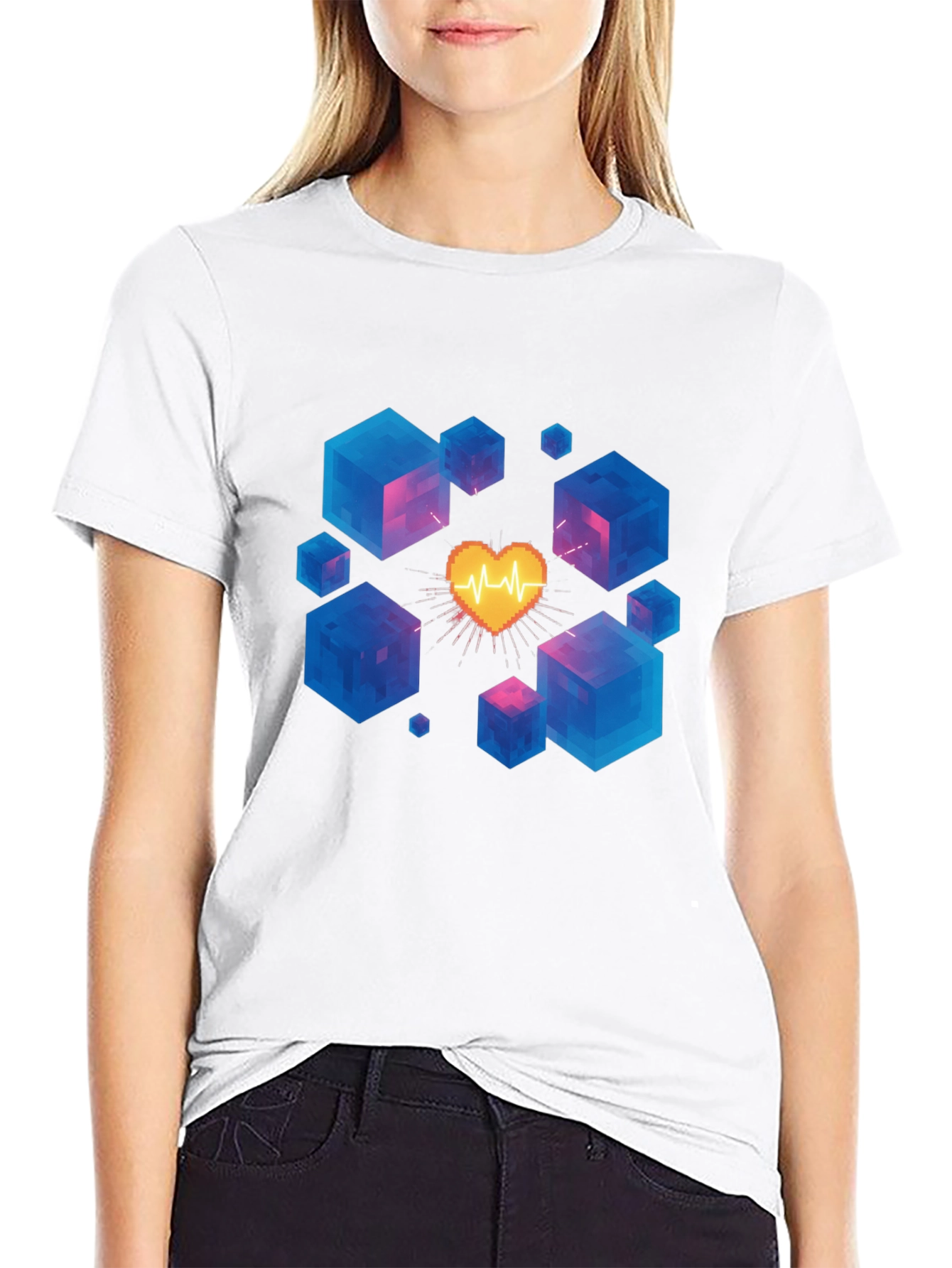 Pixel Heartbeat Cube Graphic Tee - Trendy & Unique!