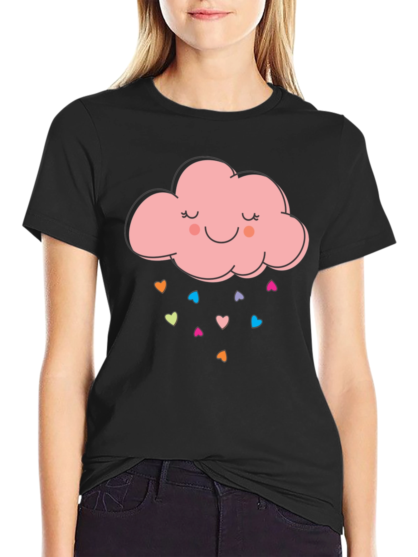 Cute Cloud Heart Rain Graphic Tee - Black