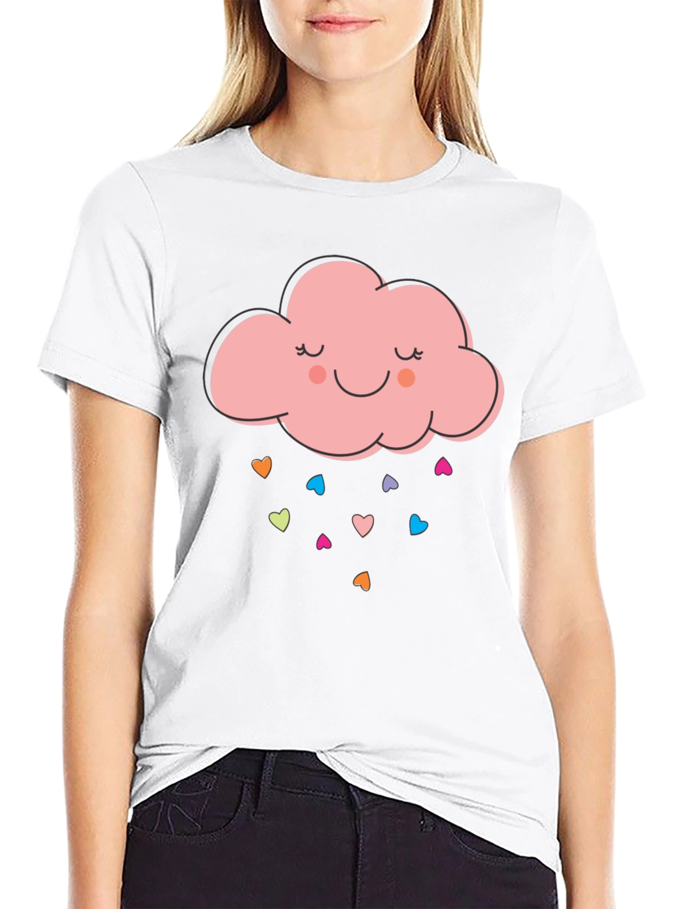 Cute Cloud Heart Rain Graphic Tee - Black