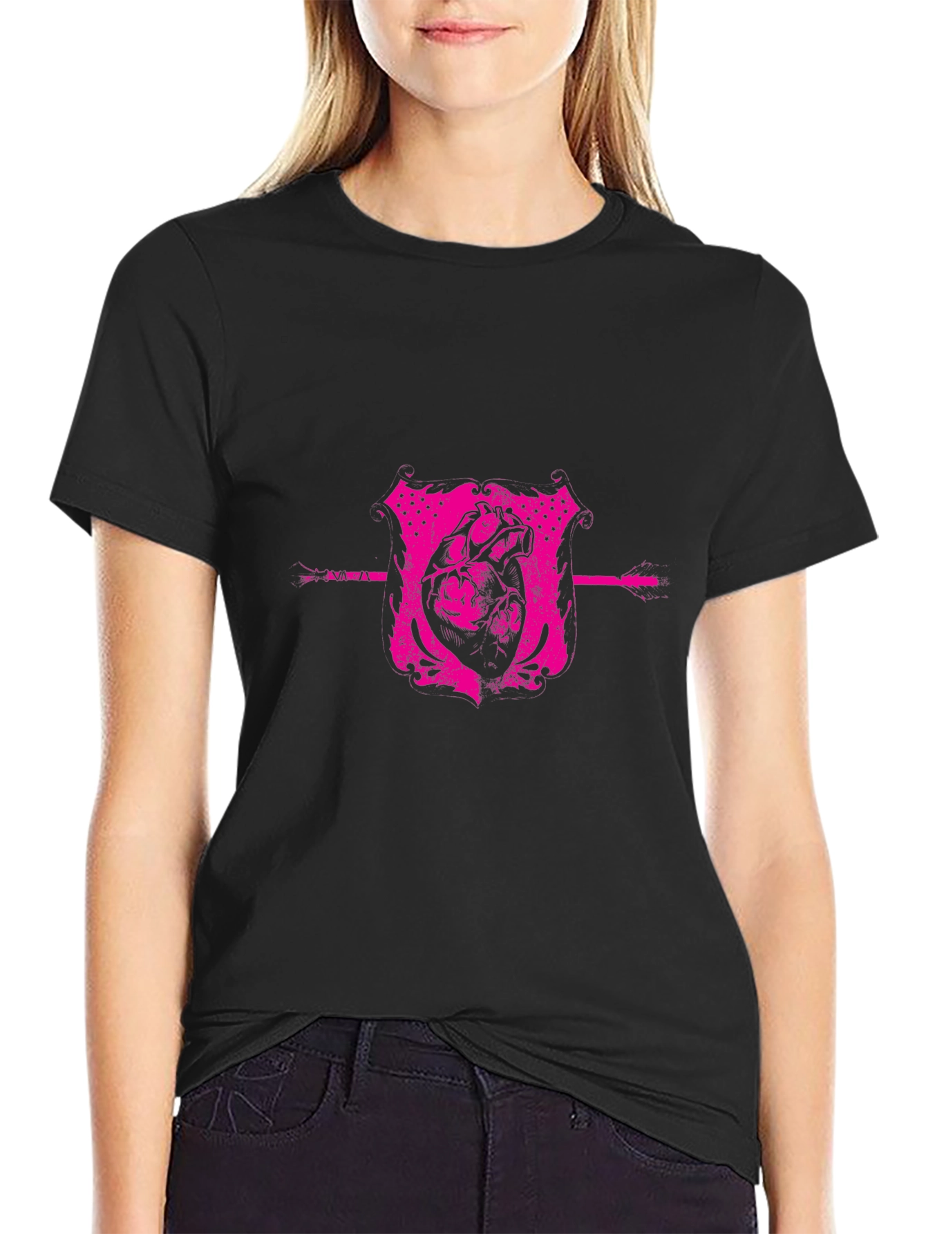 Pink Heart Crest Graphic Black T-Shirt