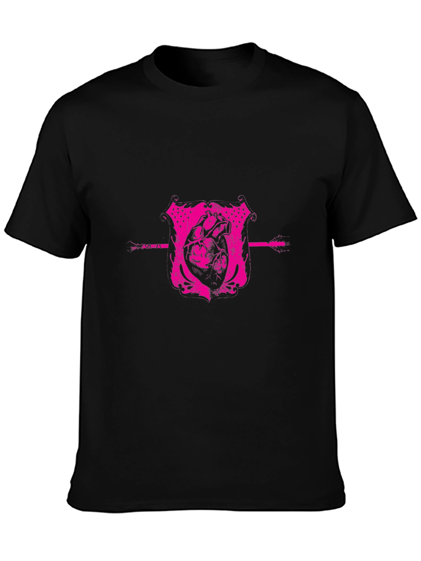 Pink Heart Crest Graphic Black T-Shirt