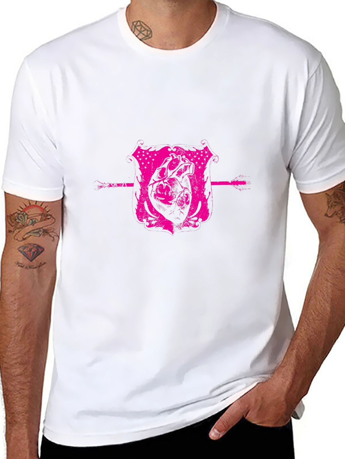 Pink Heart Crest Graphic Black T-Shirt