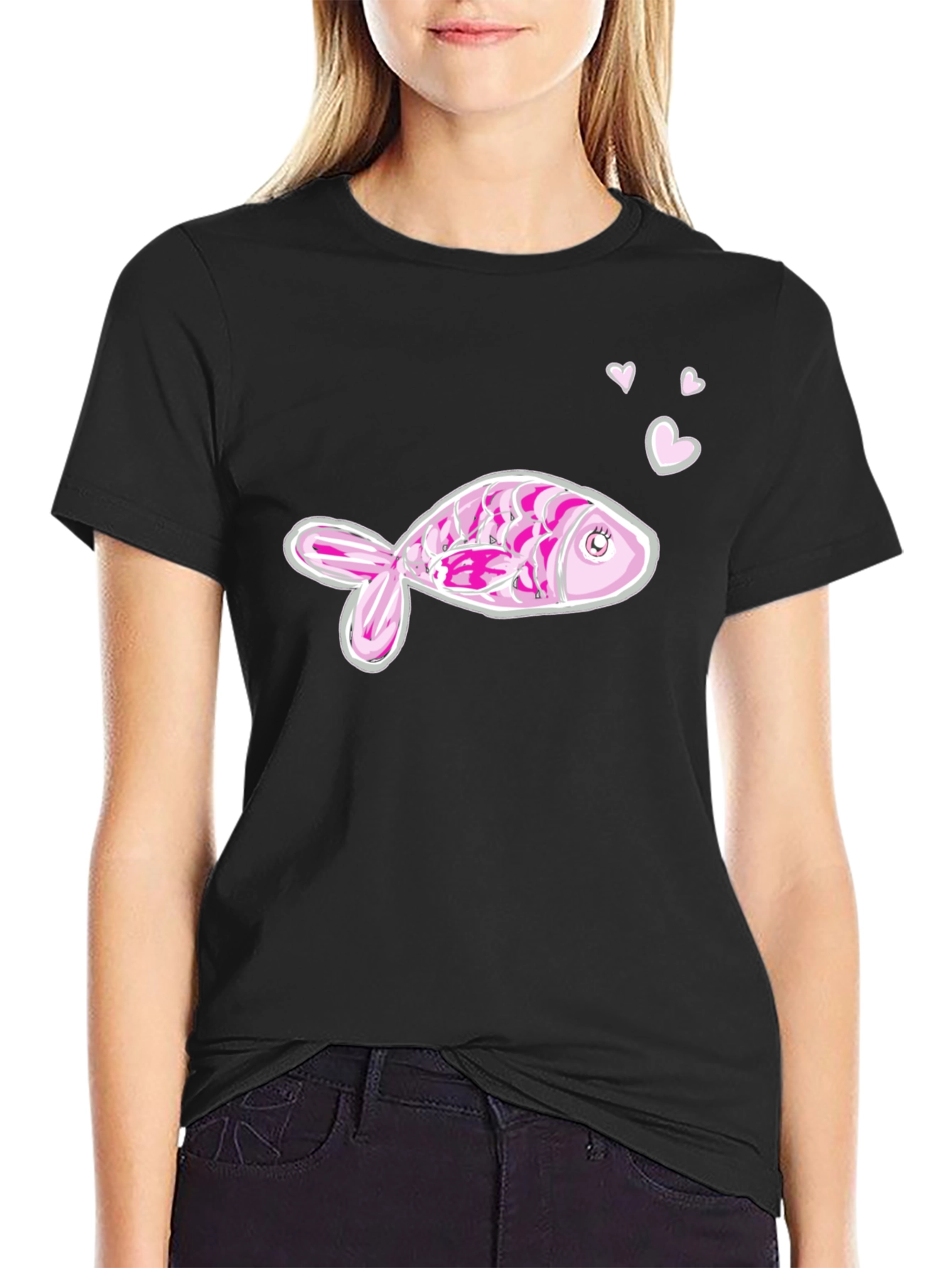 Pink Fish Graphic Tee - Mens Black Cotton T-Shirt