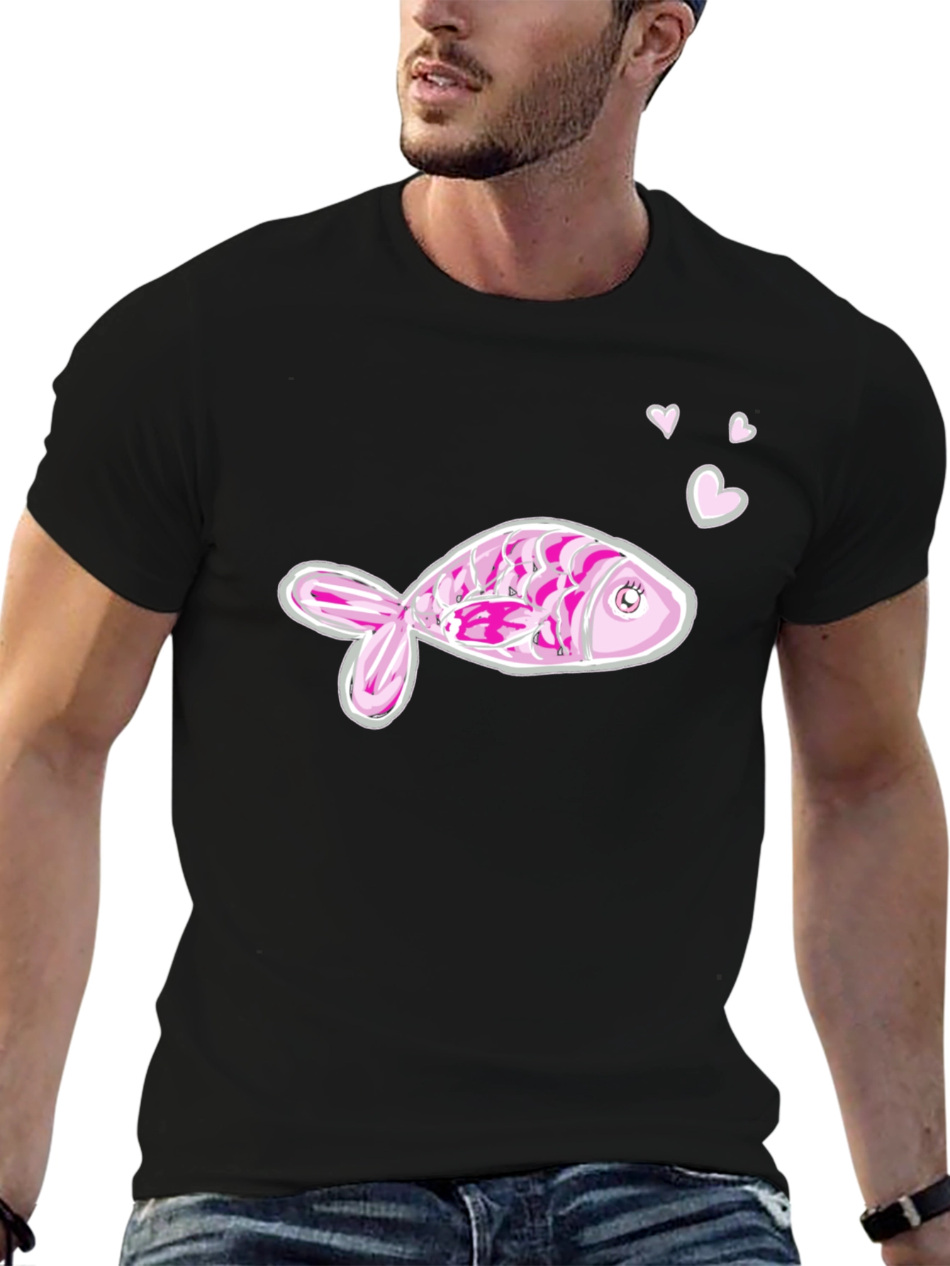 Pink Fish Graphic Tee - Mens Black Cotton T-Shirt