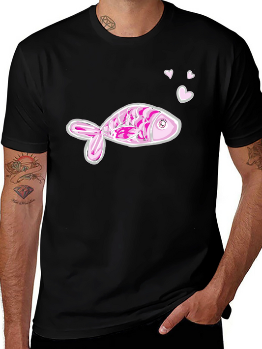 Pink Fish Graphic Tee - Mens Black Cotton T-Shirt