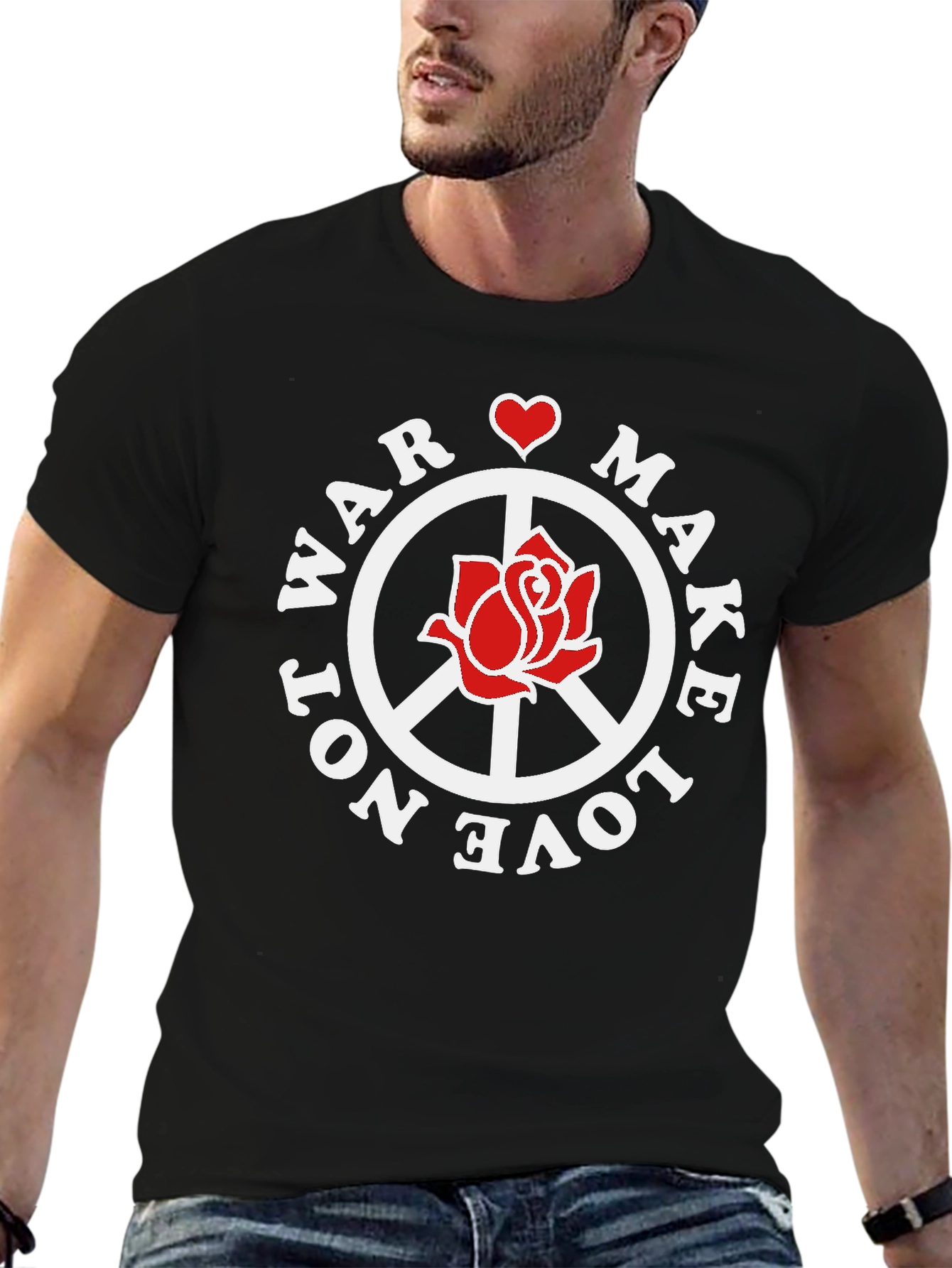 Make Love Not War T-Shirt Peace Sign Rose Graphic