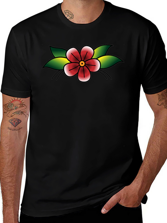 Black T-Shirt with Retro Flower Tattoo Design