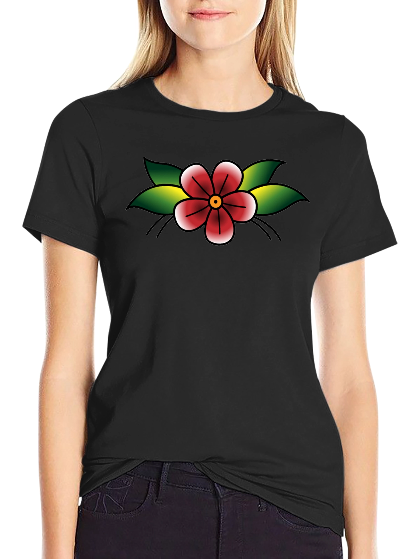 Black T-Shirt with Retro Flower Tattoo Design