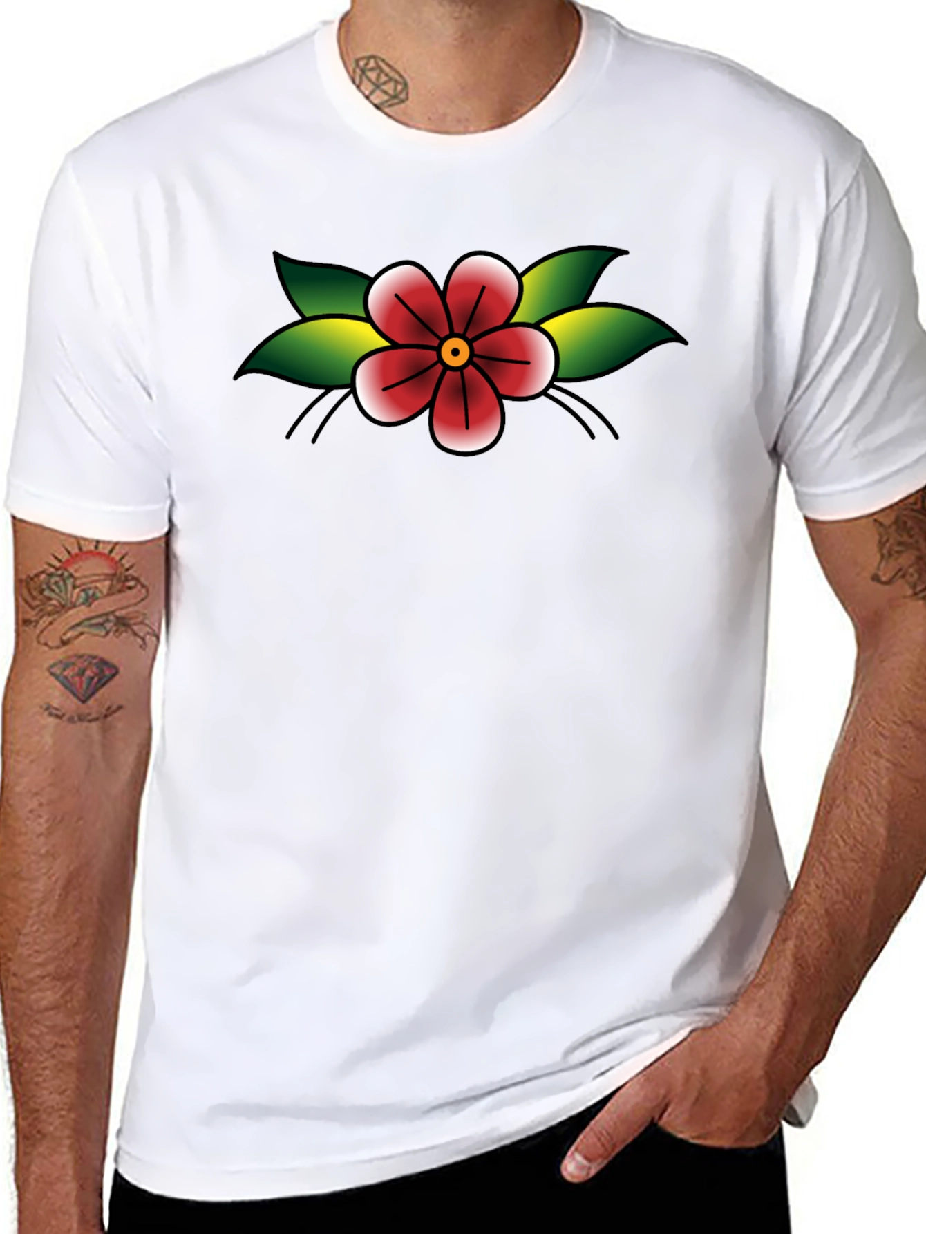 Black T-Shirt with Retro Flower Tattoo Design