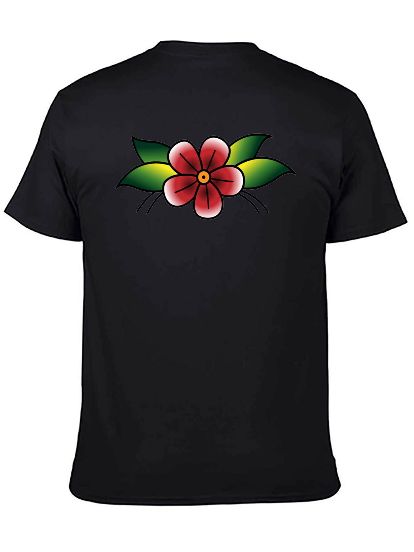 Black T-Shirt with Retro Flower Tattoo Design