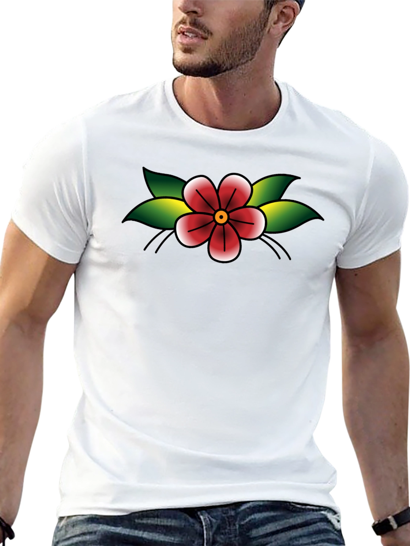 Black T-Shirt with Retro Flower Tattoo Design