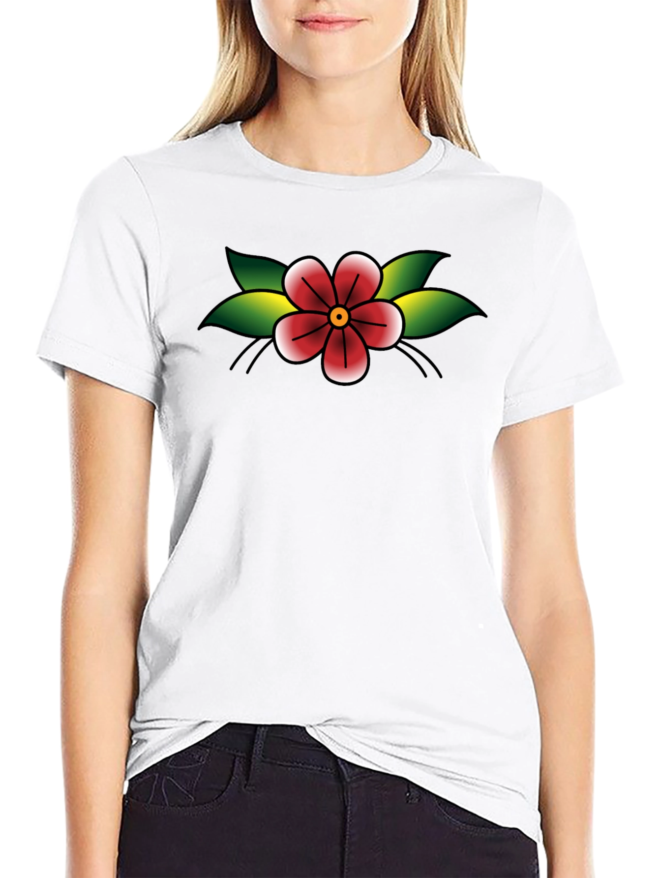 Black T-Shirt with Retro Flower Tattoo Design