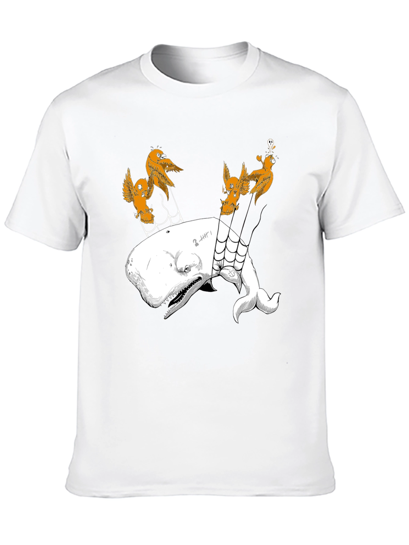 Whale and Birds Graphic Print Black Tee