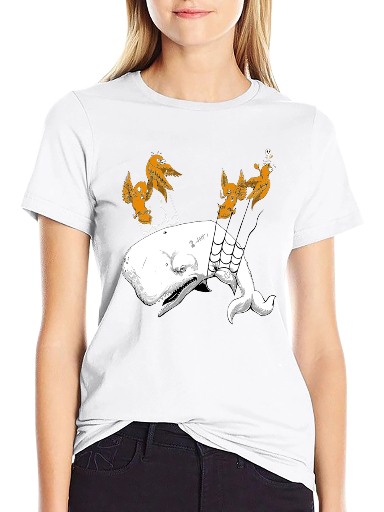 Whale and Birds Graphic Print Black Tee