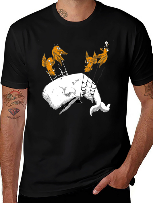 Whale and Birds Graphic Print Black Tee