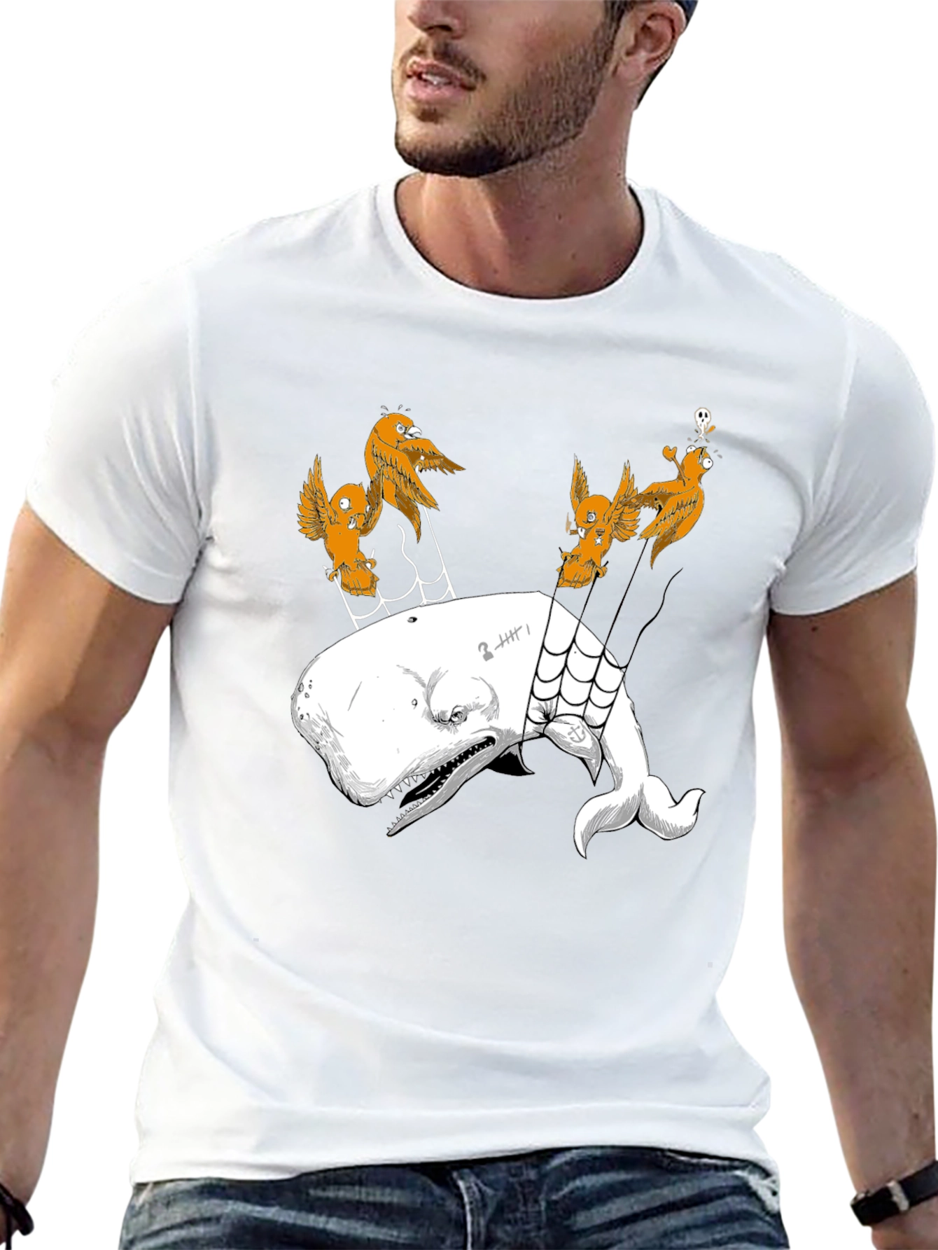Whale and Birds Graphic Print Black Tee