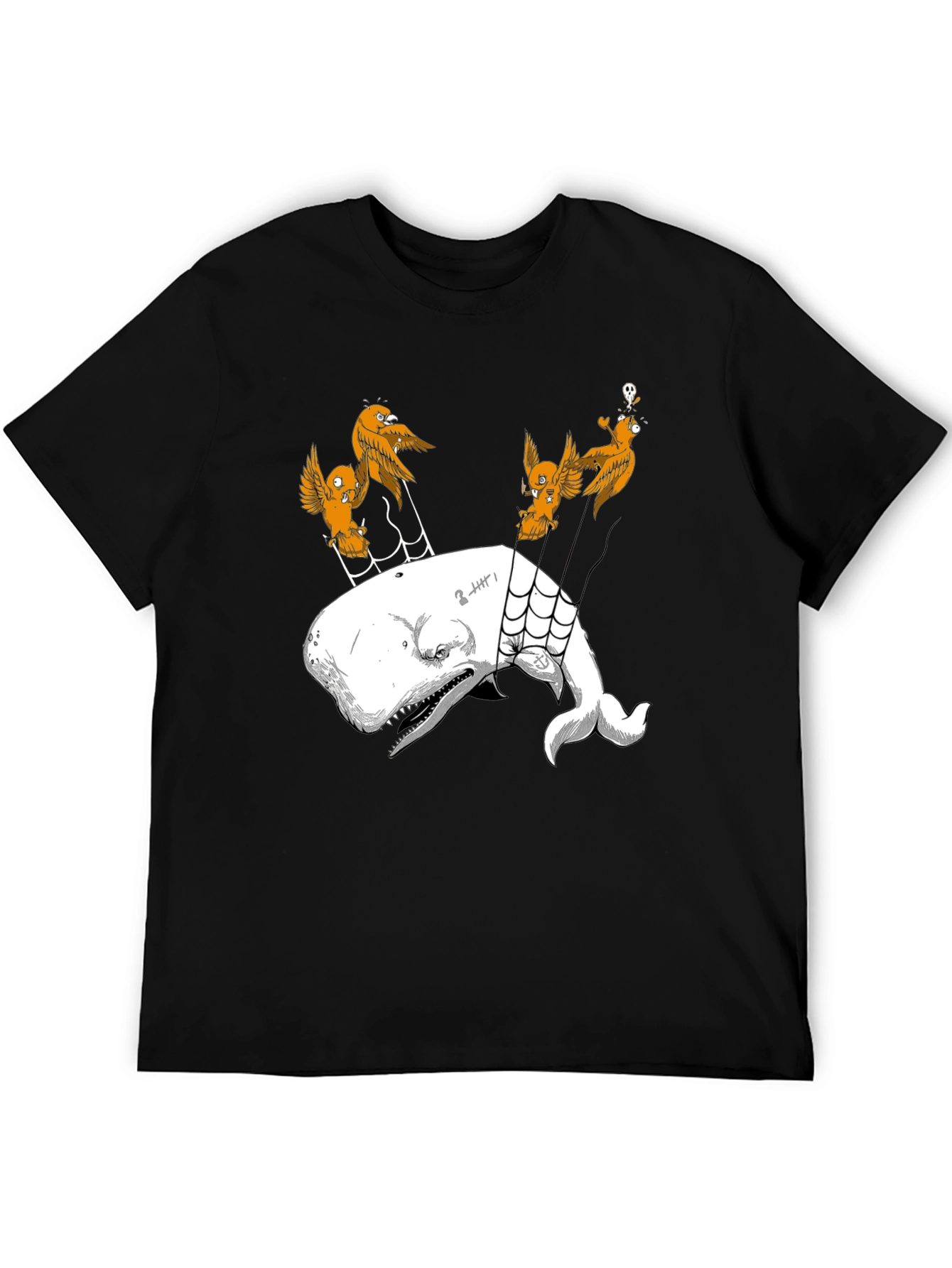 Whale and Birds Graphic Print Black Tee