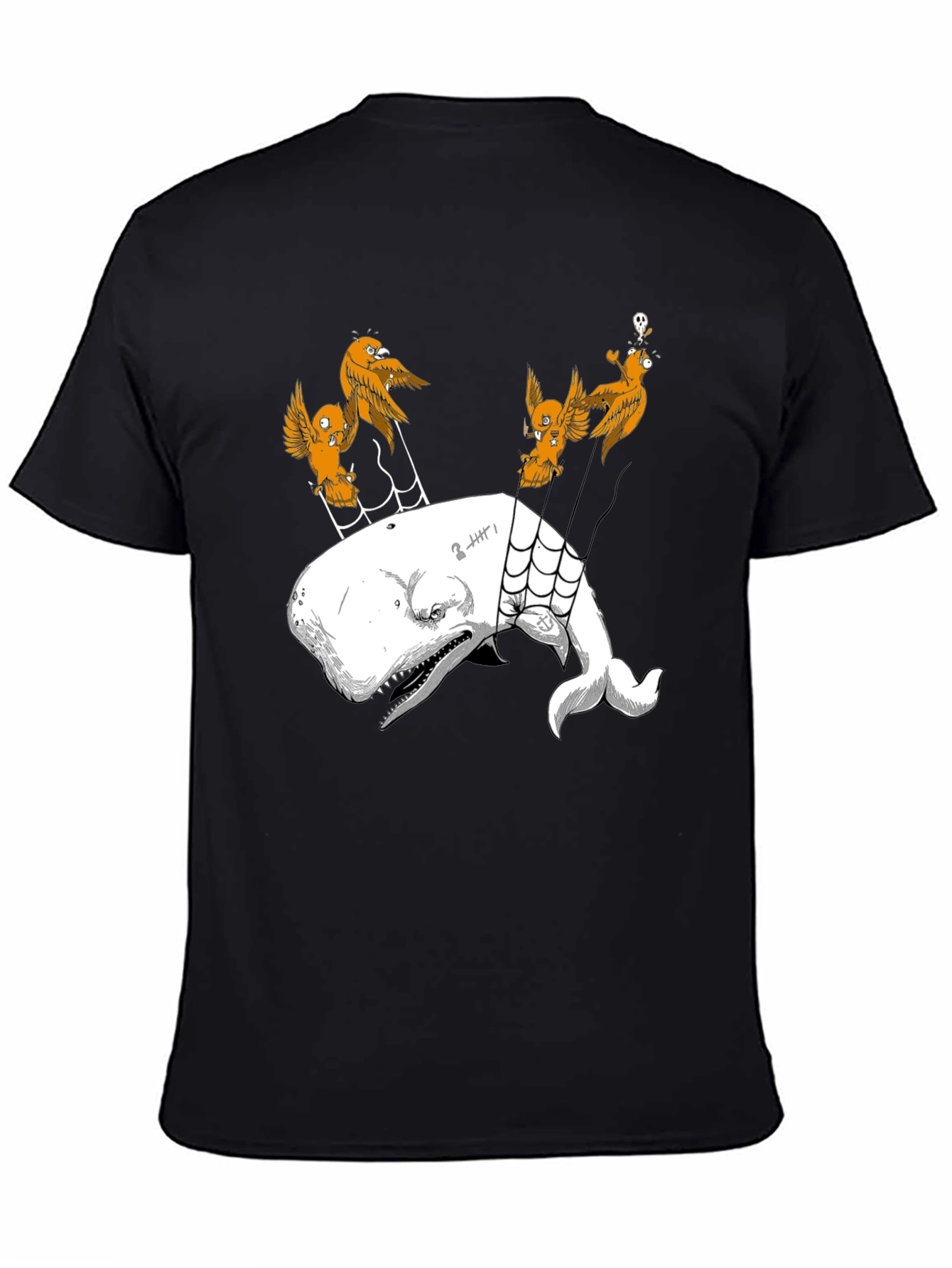 Whale and Birds Graphic Print Black Tee