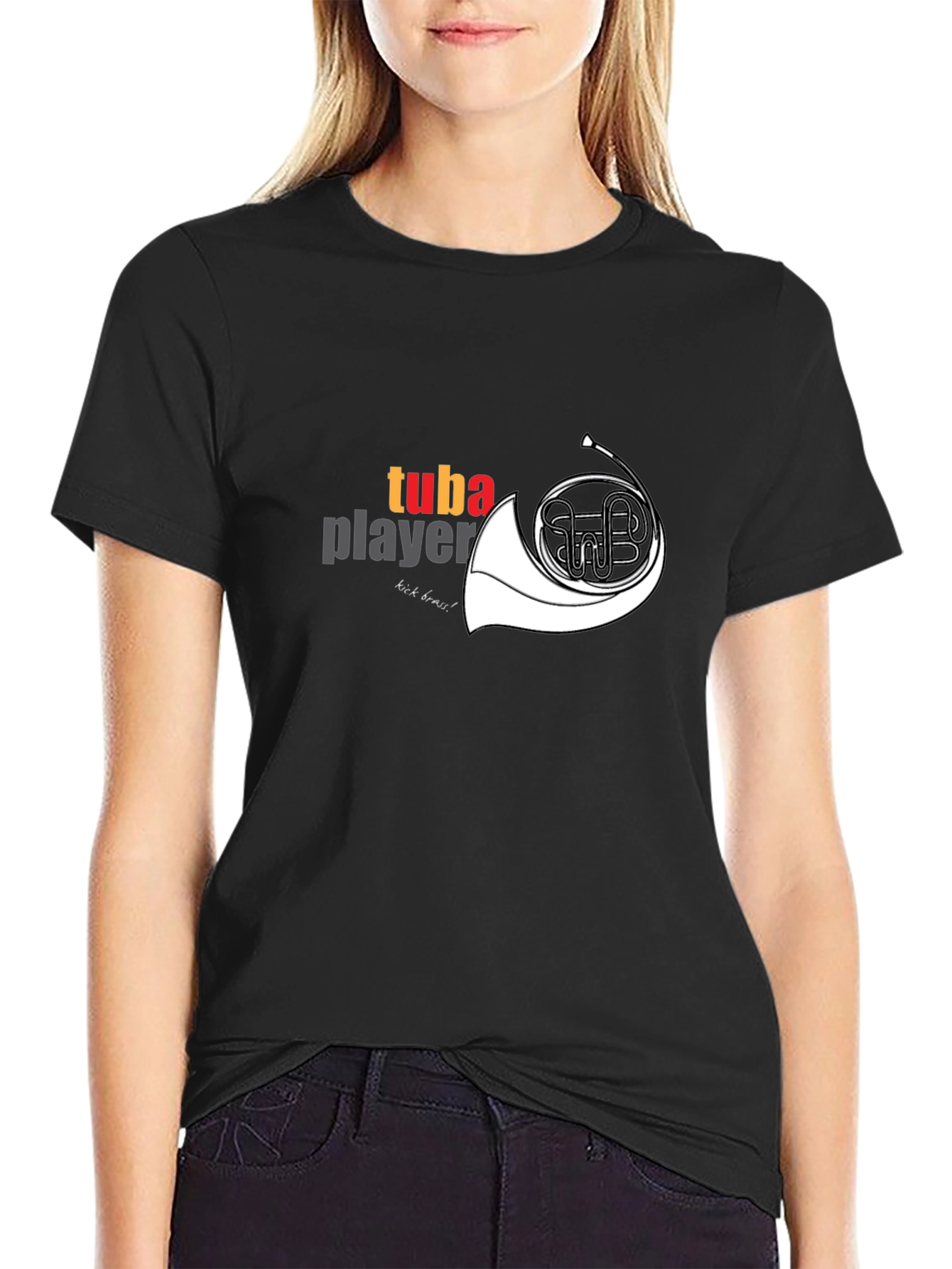 Tuba Player Graphic Tee - Black Cotton Casual T-Shirt