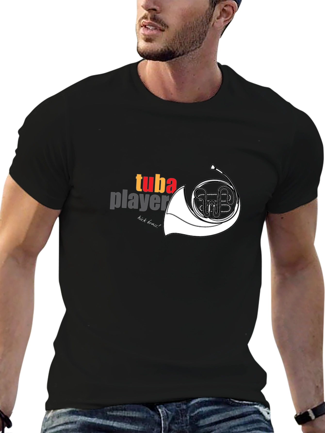 Tuba Player Graphic Tee - Black Cotton Casual T-Shirt