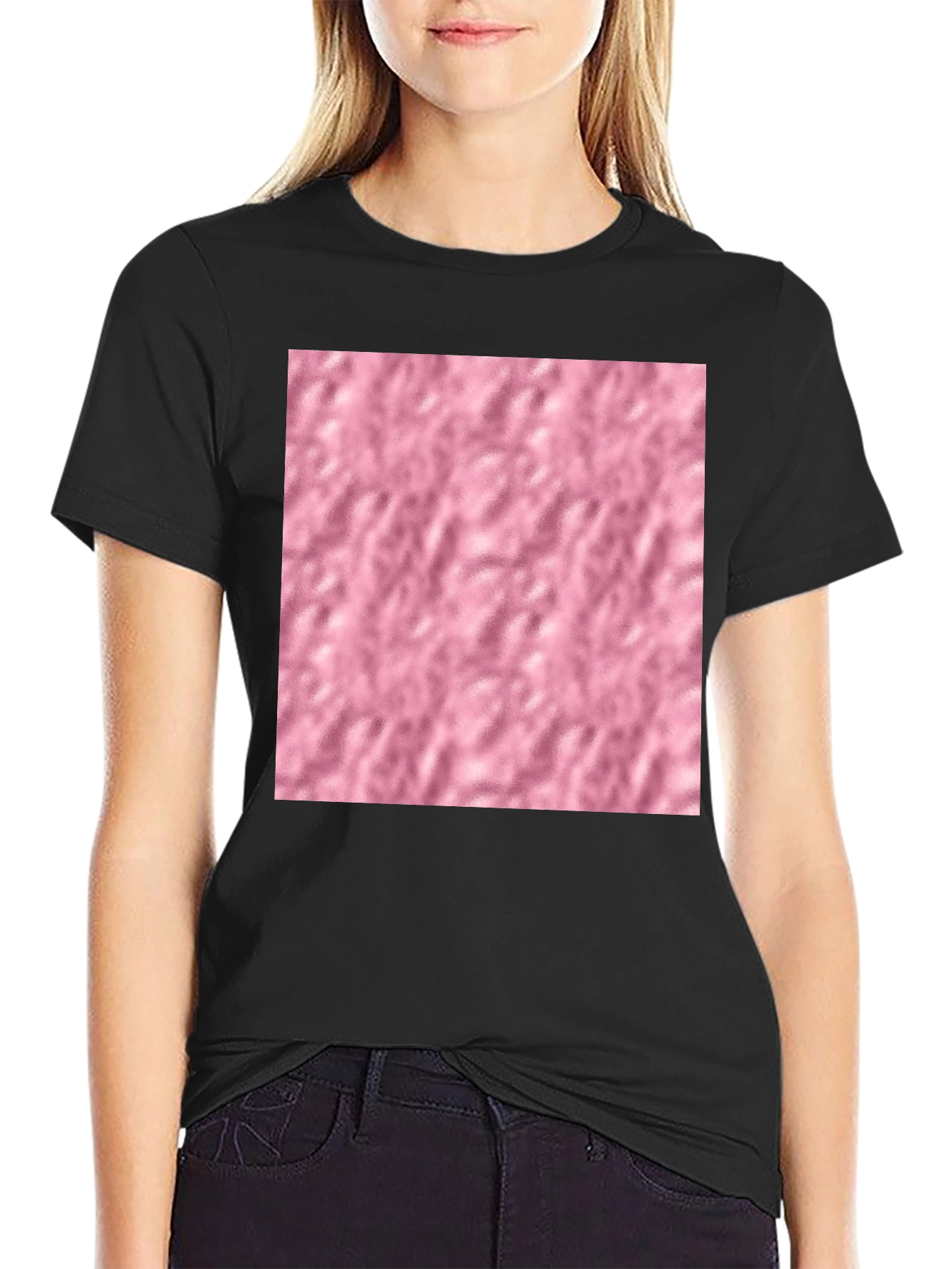 Black Cotton Blend T-Shirt with Pink Textured Print