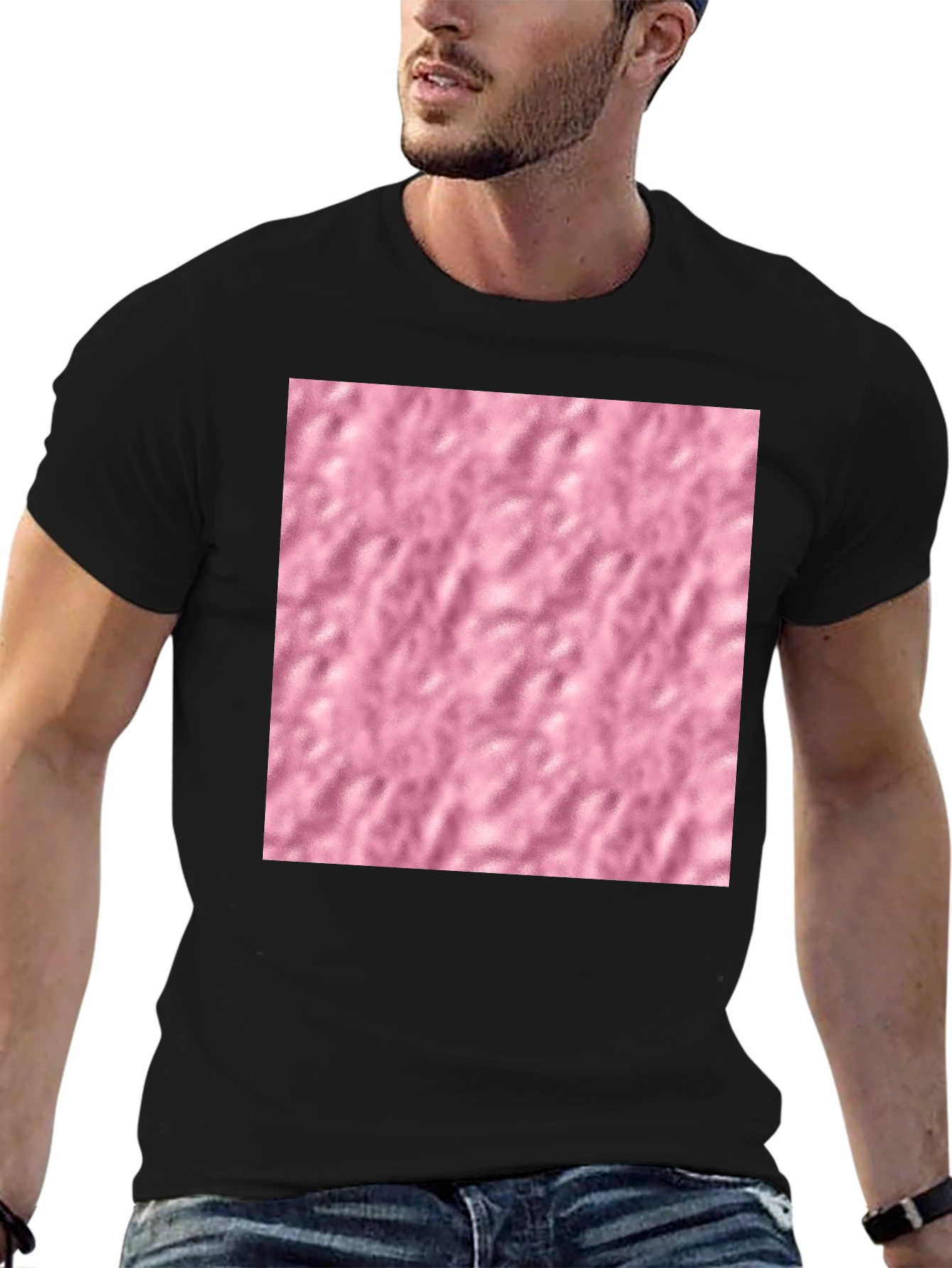 Black Cotton Blend T-Shirt with Pink Textured Print