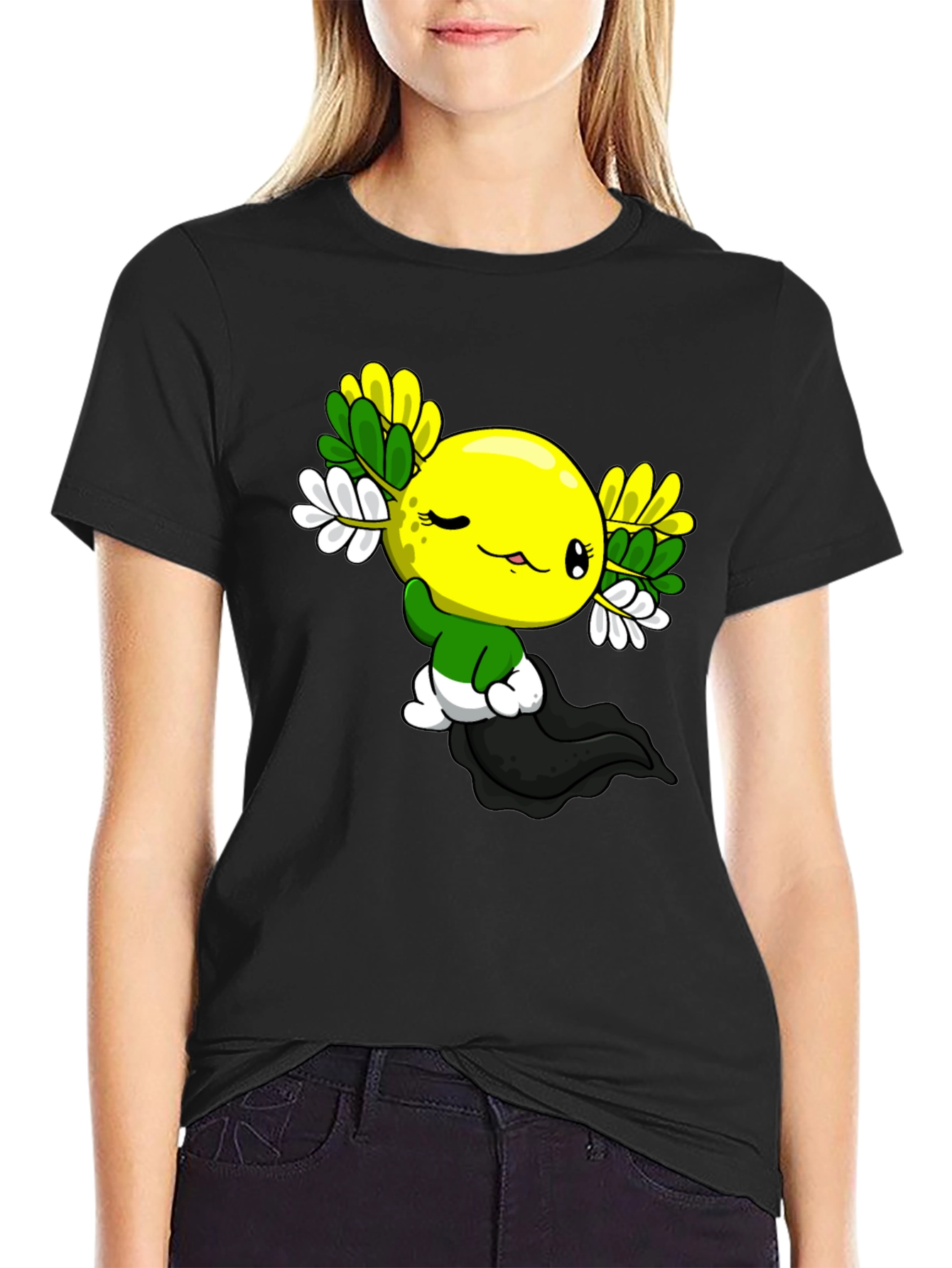 Cute Cartoon Axolotl Black T-Shirt
