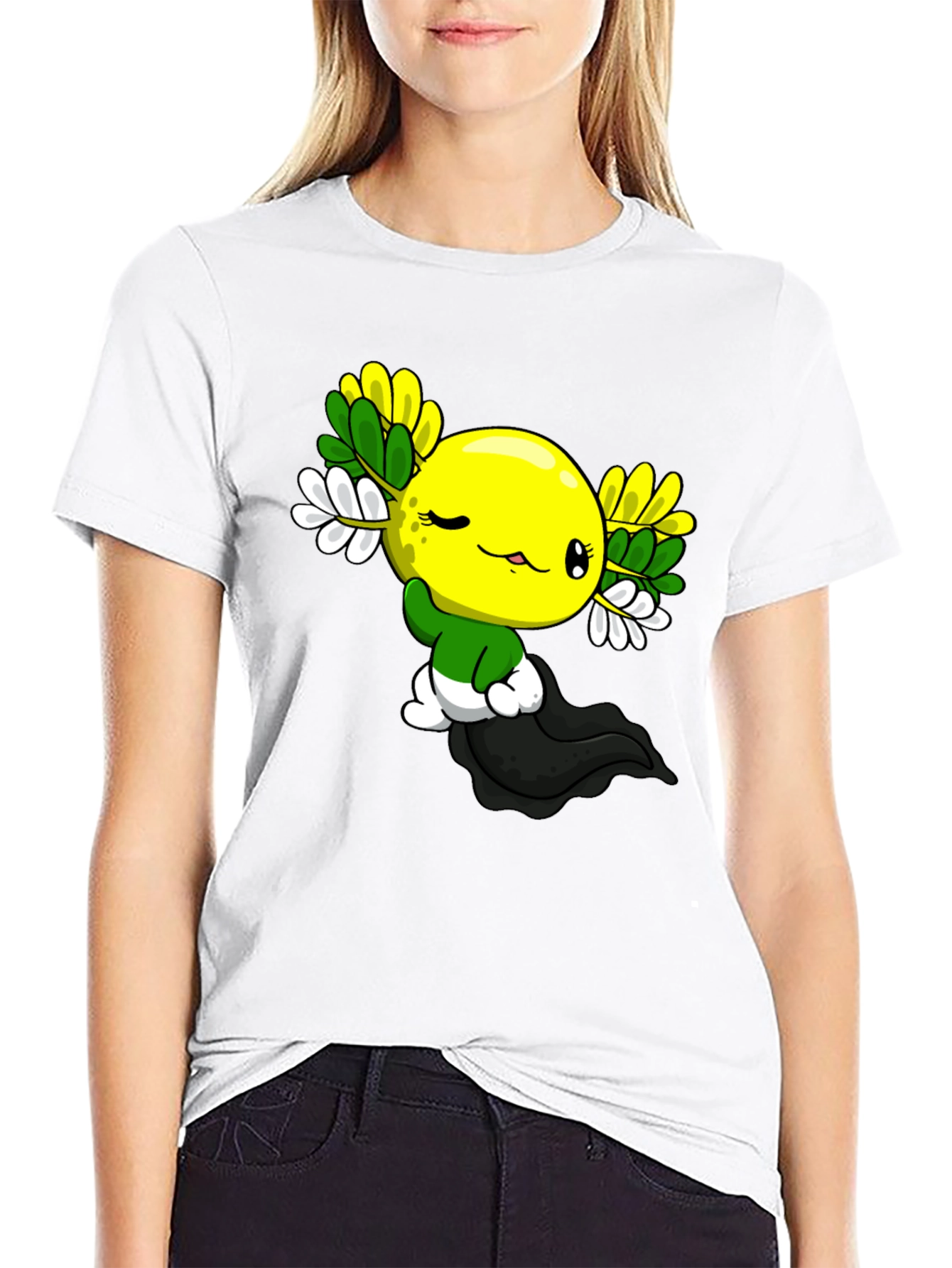 Cute Cartoon Axolotl Black T-Shirt